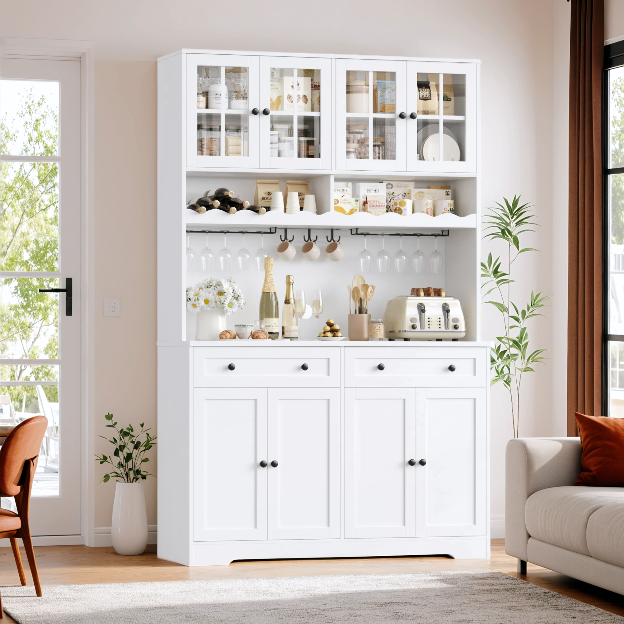 Hiphuta 75"Tall Kitchen Pantry Storage Cabinet with Power Outlet, Storage Pantry with Drawers & Glass Doors, Freestanding Cupboard Storage Hutch with Microwave Stand, White