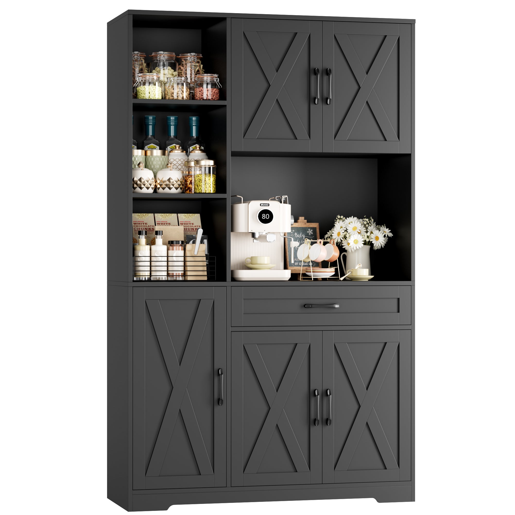 Hiphuta 71" Farmhouse Kitchen Pantry Storage Cabinet, Modern Coffee Hutch with Doors, Shelves & Microwave Stand, Cupboard for Dining Room, Black