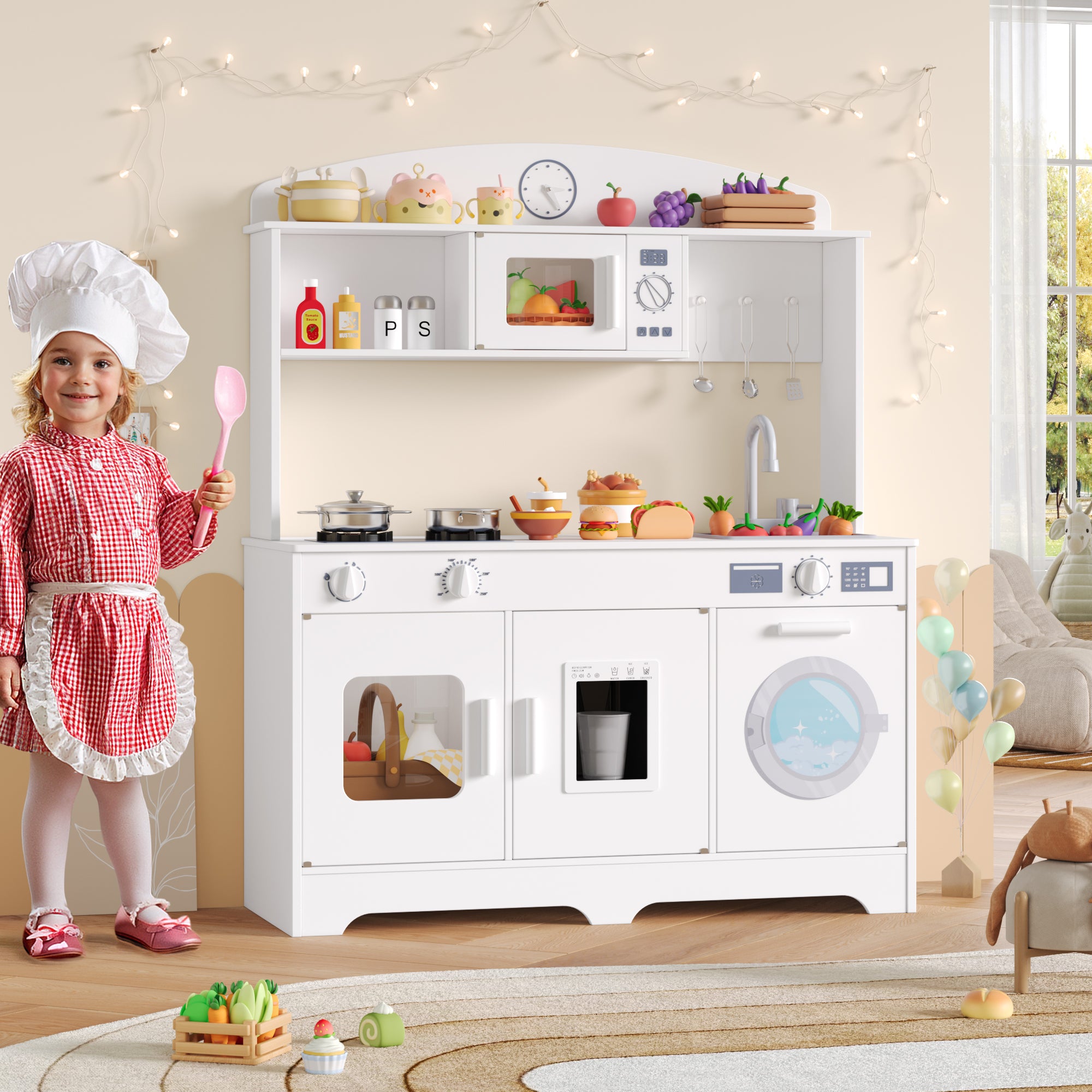 Hiphuta Play Kitchen for Kids, Wooden Kids Kitchen Playset with Plenty of Play Features, Chef Pretend Play Set for Boys and Girls Age Ages 3-10, Toys Kitchen with 11 Pcs Accessories, White