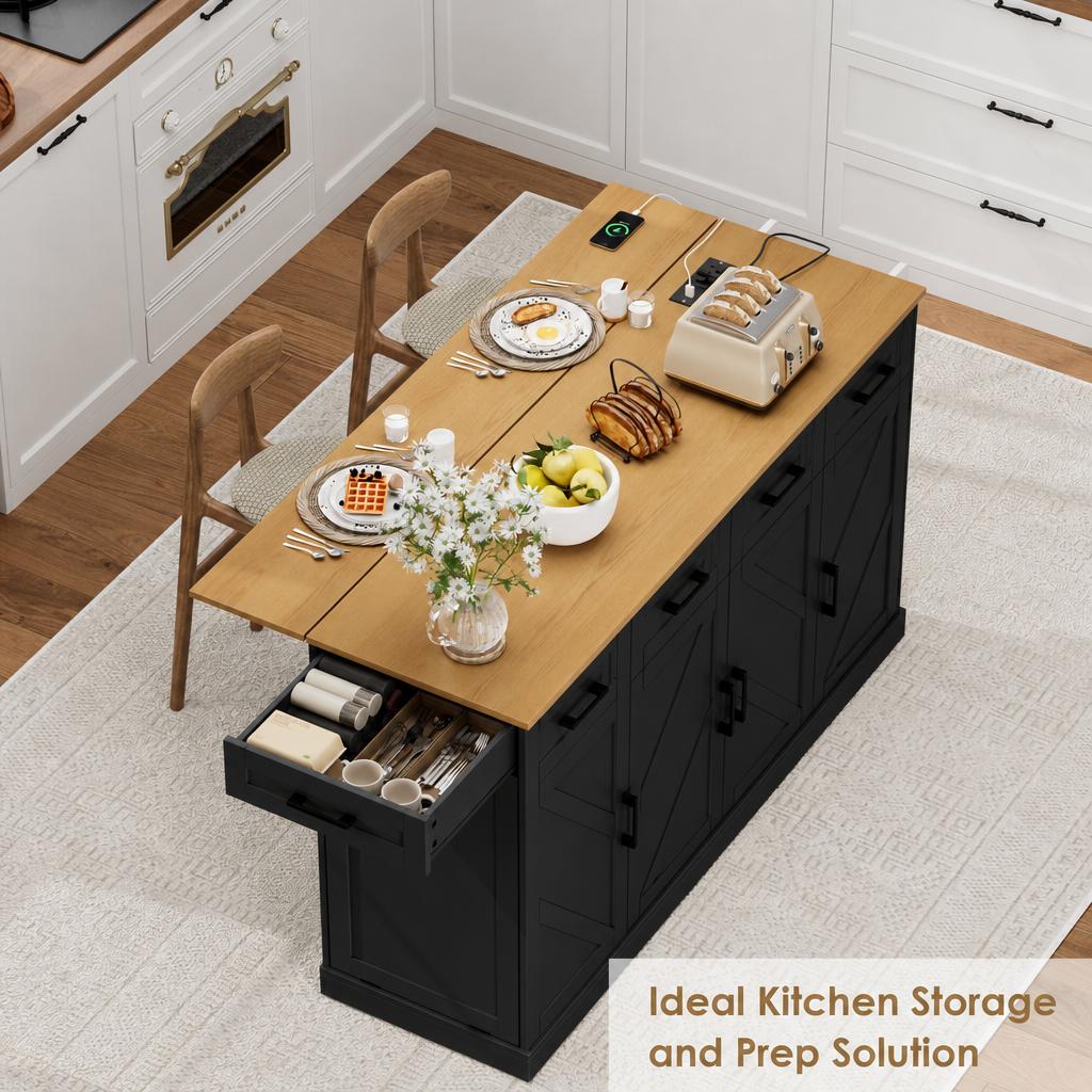 Hiphuta 55"W Kitchen Island Cart with Storage, Rolling Island Table with Trash Can, Adjustable Shelves and 4 Drawers, Movable Buffet Cabinet for Dining room, Black