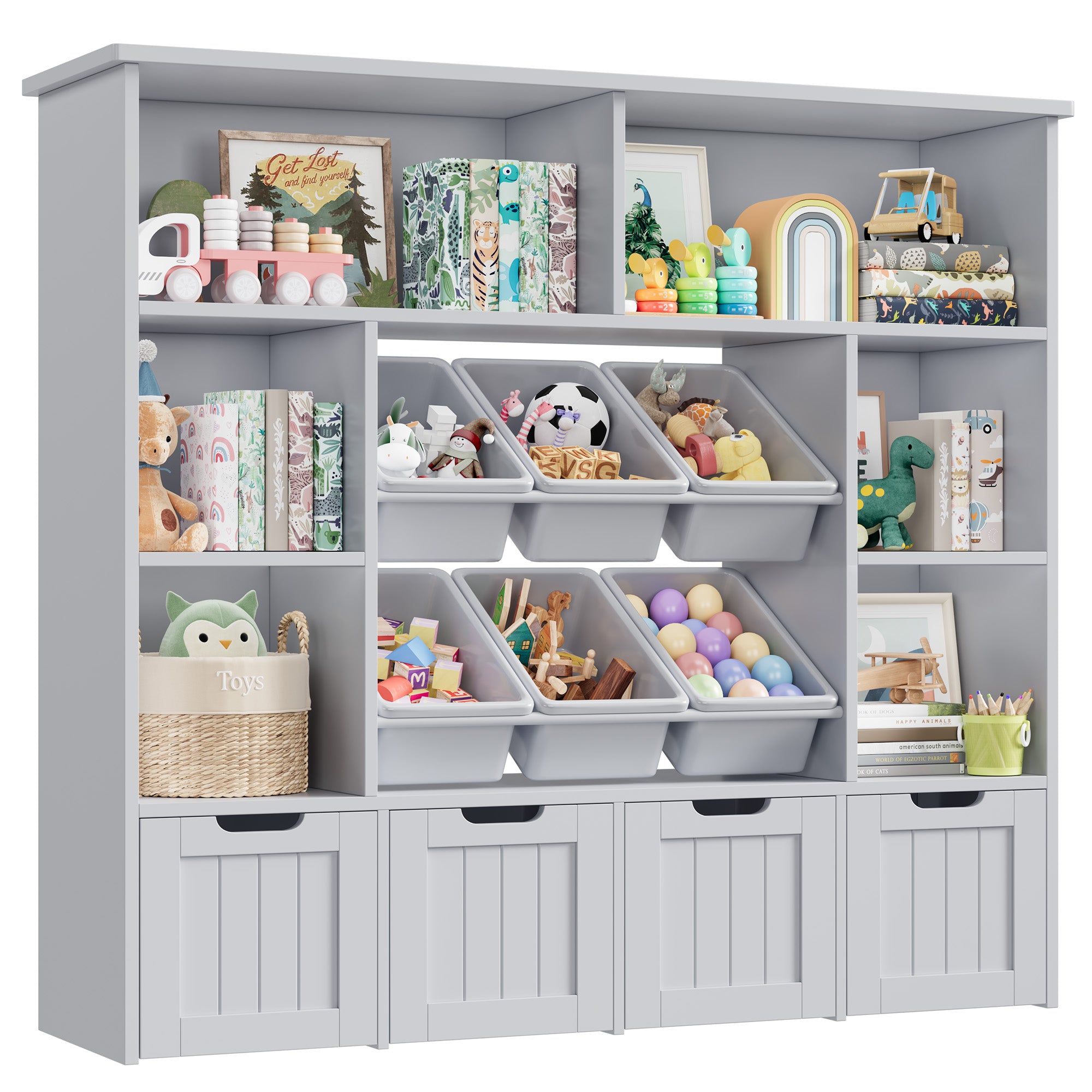 Hiphuta Large 4 Tier Kids Toy Organizer, Wood Toy Organizer of 6 Bins& 4 Removable Drawers, Children's Bookcase for Family Room, Gray