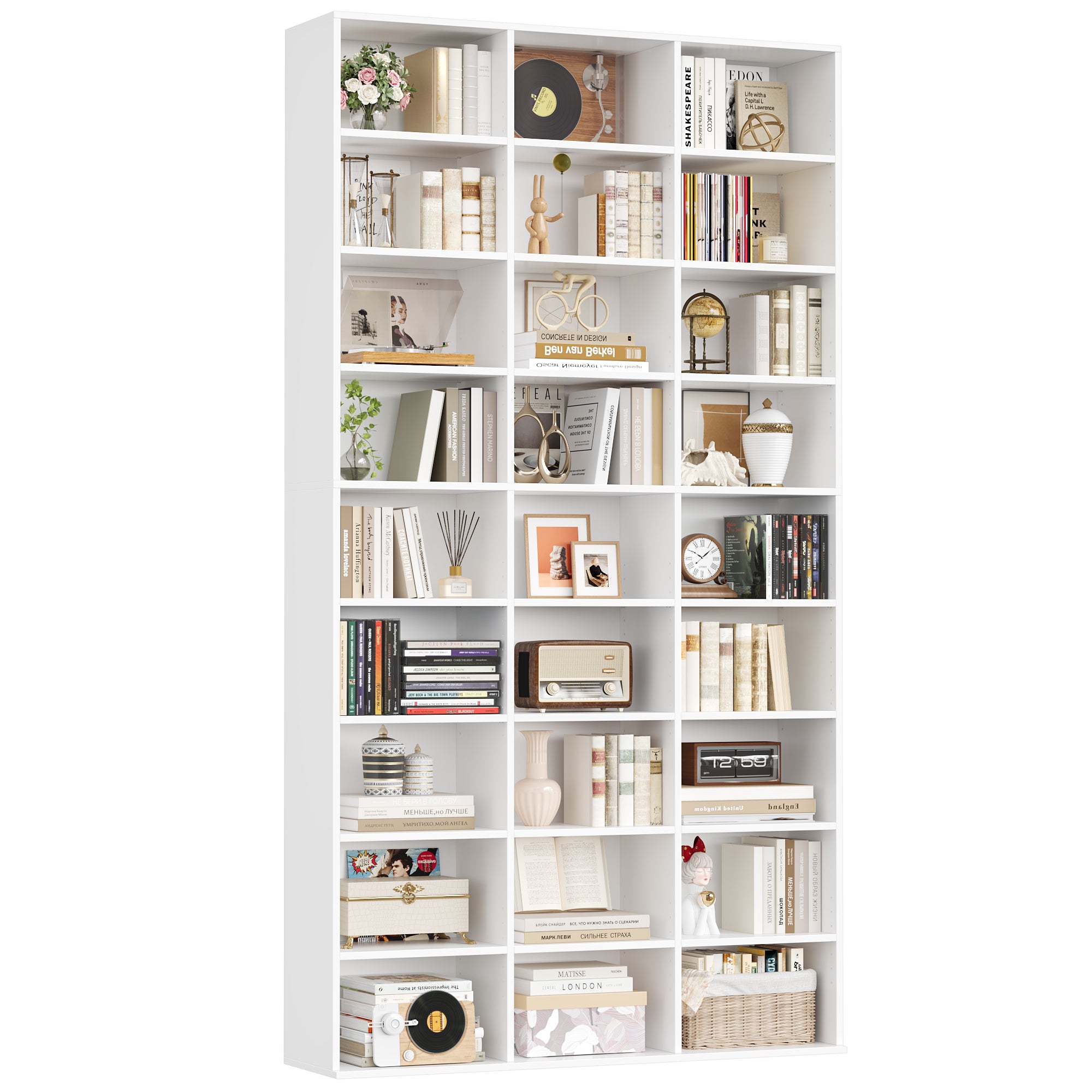 Hiphuta 27-Cube 9-Tier Bookcase, 75" Tall Triple-Wide CD Media Storage Organizer with 15 Adjustable Shelves, Freestanding Display Shelf, White