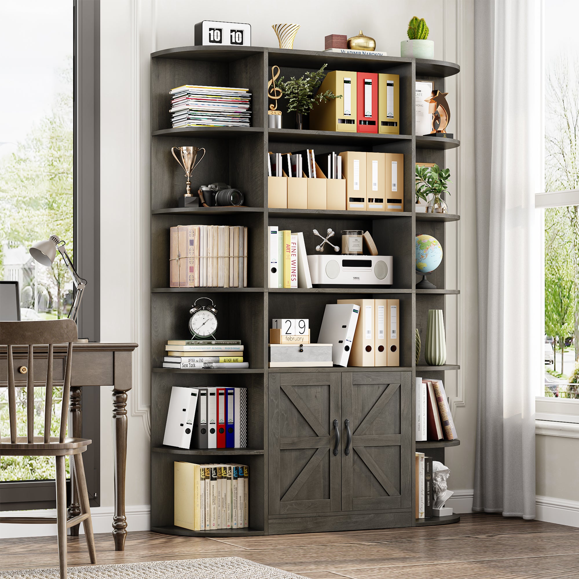 Hiphuta 74.8”Tall Bookcases with Cabinet, Extra Large 6-Tier Wooden Bookshelf for Living Room, Display Bookshelf for Home Office, Dark Brown