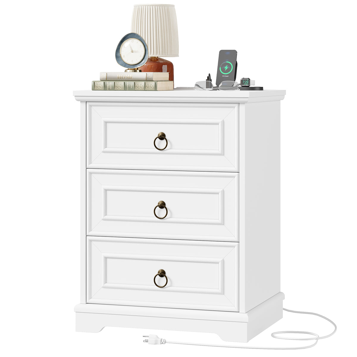 Hiphuta Vintage Nightstand with 3 Large Drawers, Farmhouse Sofa Table with Charging Station, Rustic End Table for Bedroom and Living Room, White