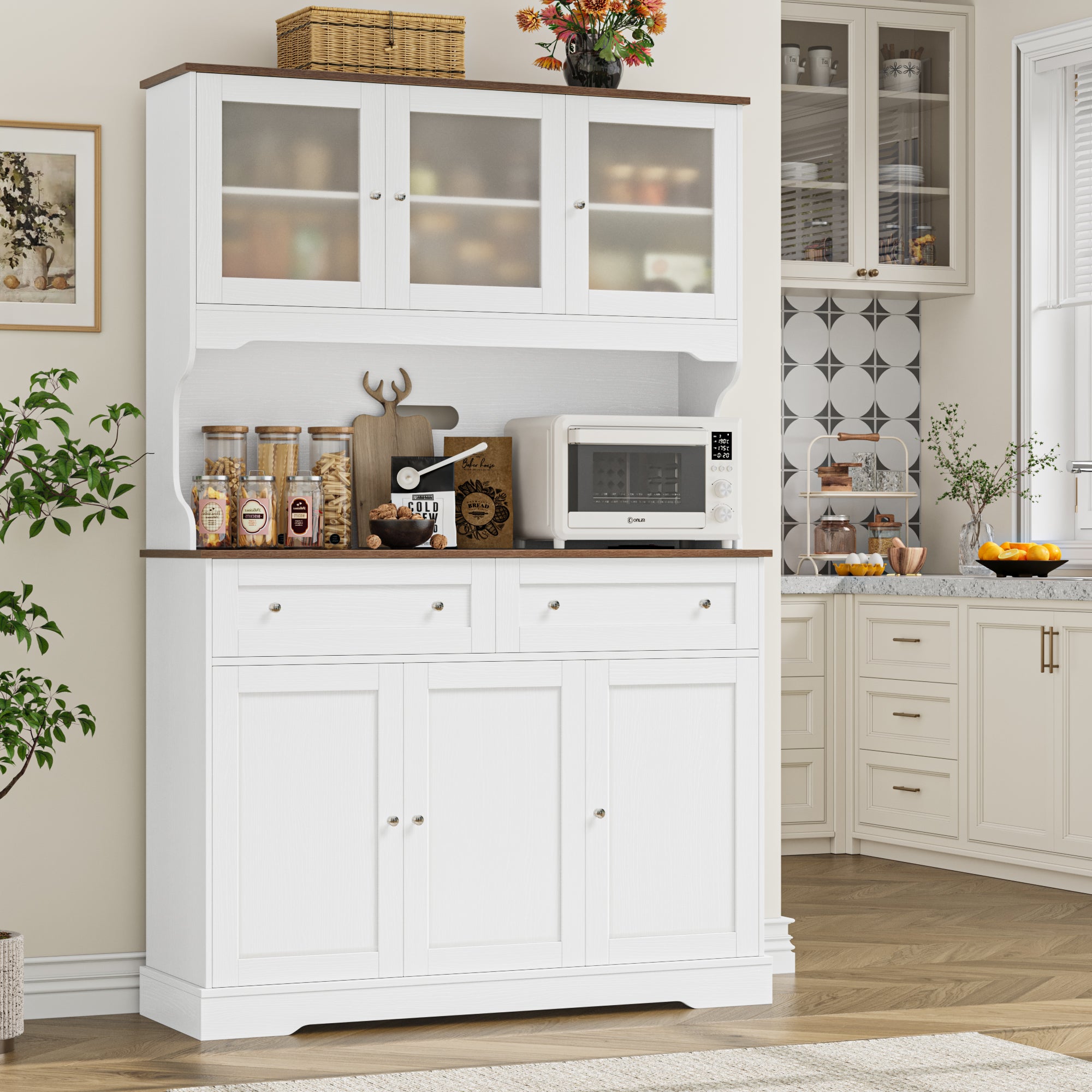 Hiphuta 72” Tall Kitchen Pantry Storage Cabinet with Power Outlet, Freestanding Cupboard Storage Buffet Hutch with Microwave Stand, Storage Pantry with Drawers & Glass Doors, White