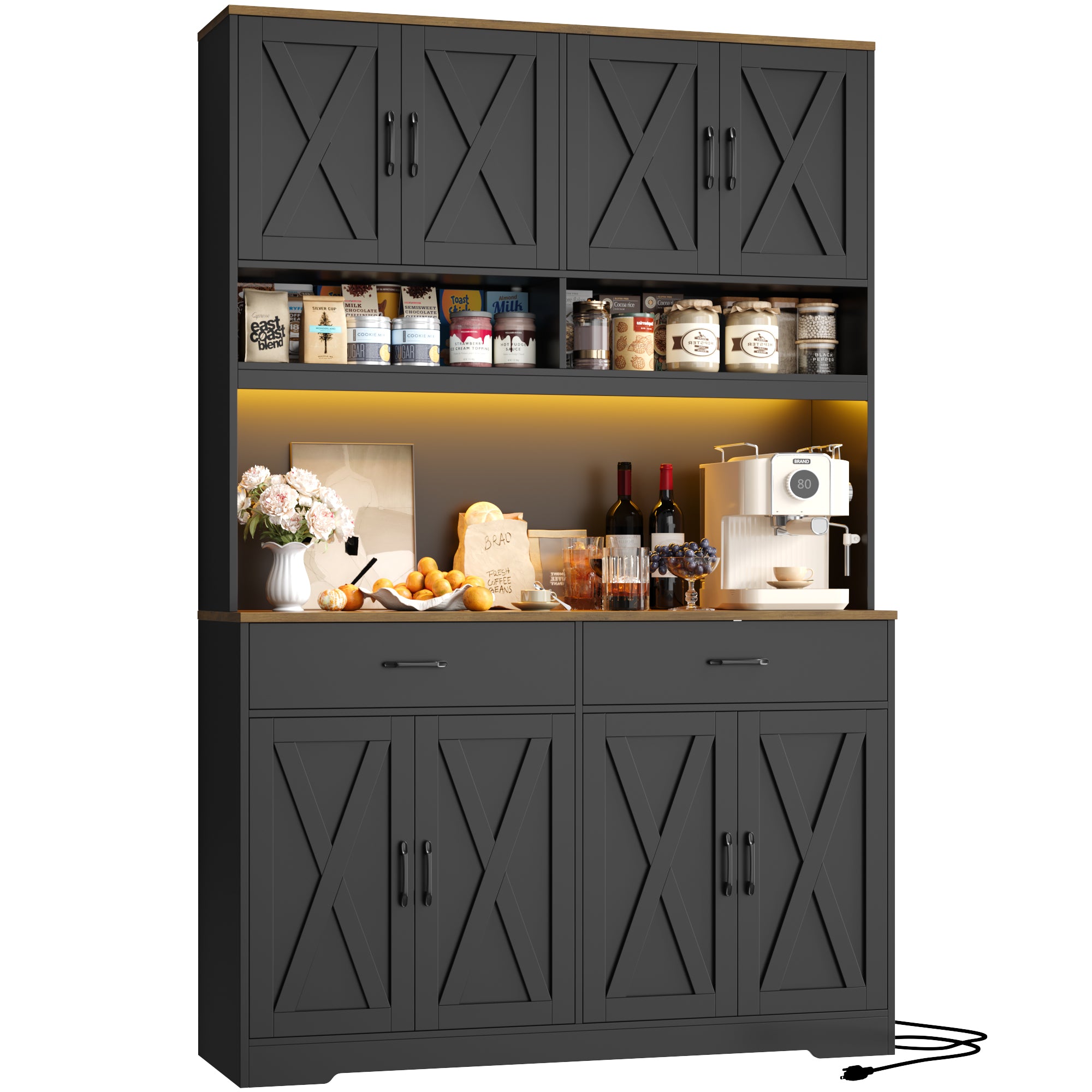 Hiphuta Farmhouse Kitchen Pantry Storage Cabinet, 75”H Freestanding Hutch with 8 Doors and 2 Drawers for Dining and Living Room, Black