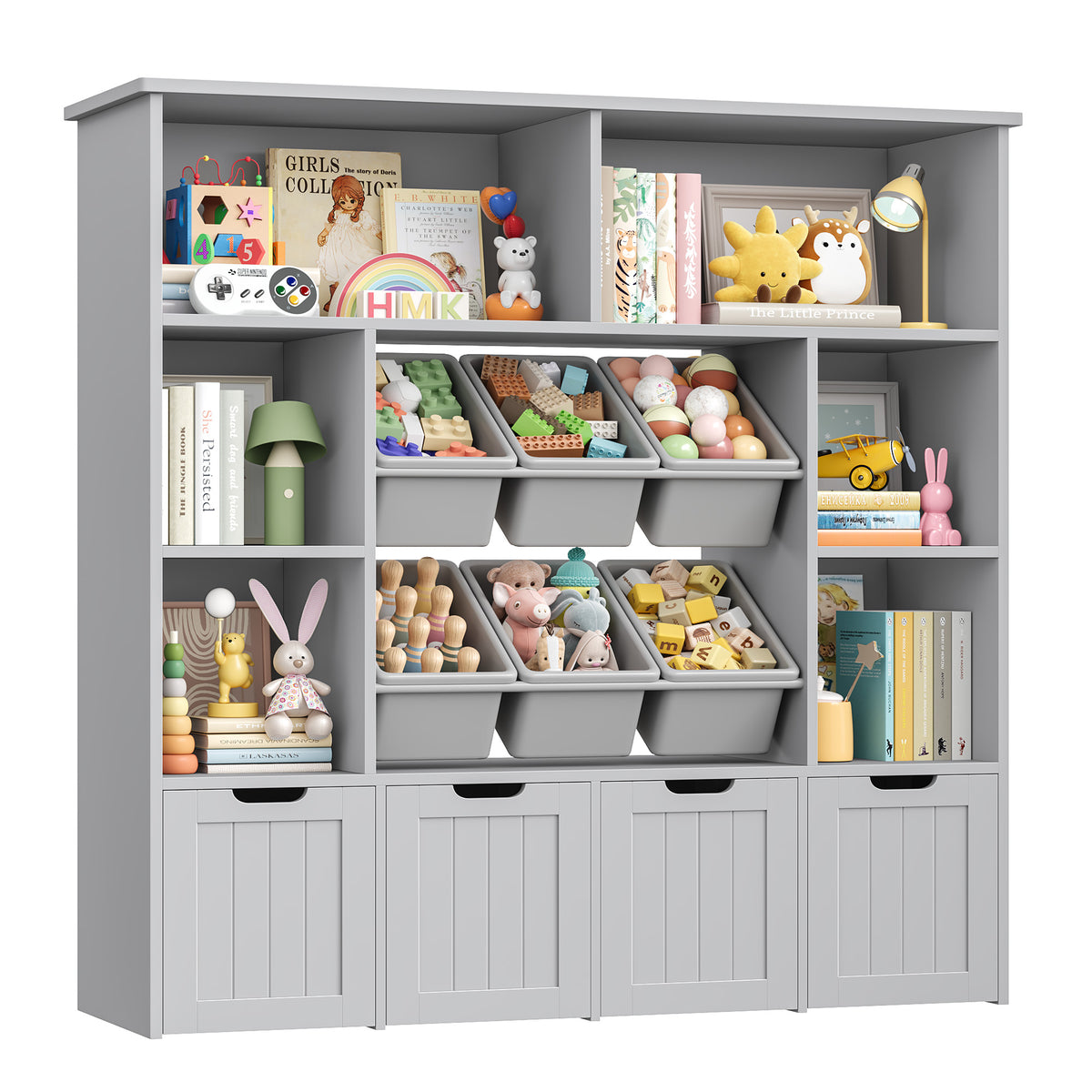 Hiphuta Large 4 Tier Kids Toy Organizer, Wood Toy Organizer of 6 Bins& 4 Removable Drawers, Children's Bookcase for Family Room, Gray