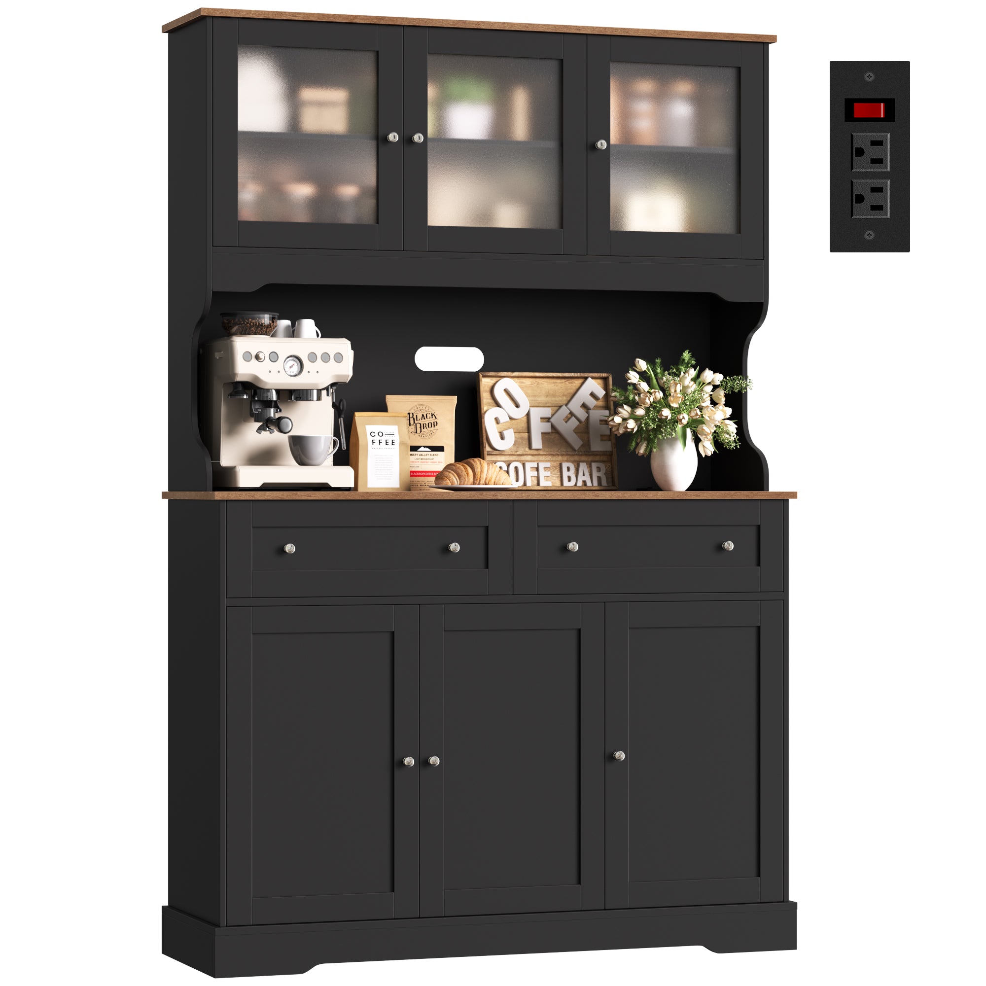 Hiphuta 72"Tall Kitchen Pantry Storage Cabinet with Power Outlet, Freestanding Cupboard Storage Buffet Hutch with Microwave Stand, Coffee Bar with Drawers & Glass Doors, Black & Oak