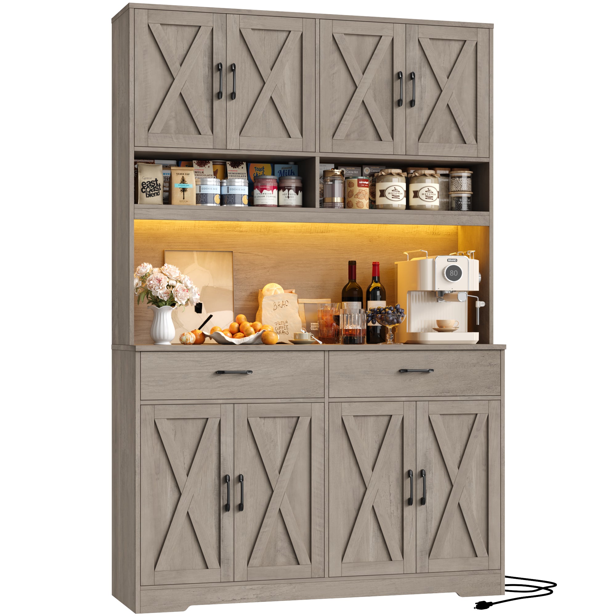 Hiphuta Farmhouse Kitchen Pantry Storage Cabinet, 75”H Freestanding Hutch with 8 Doors and 2 Drawers for Dining and Living Room, Ash Gray