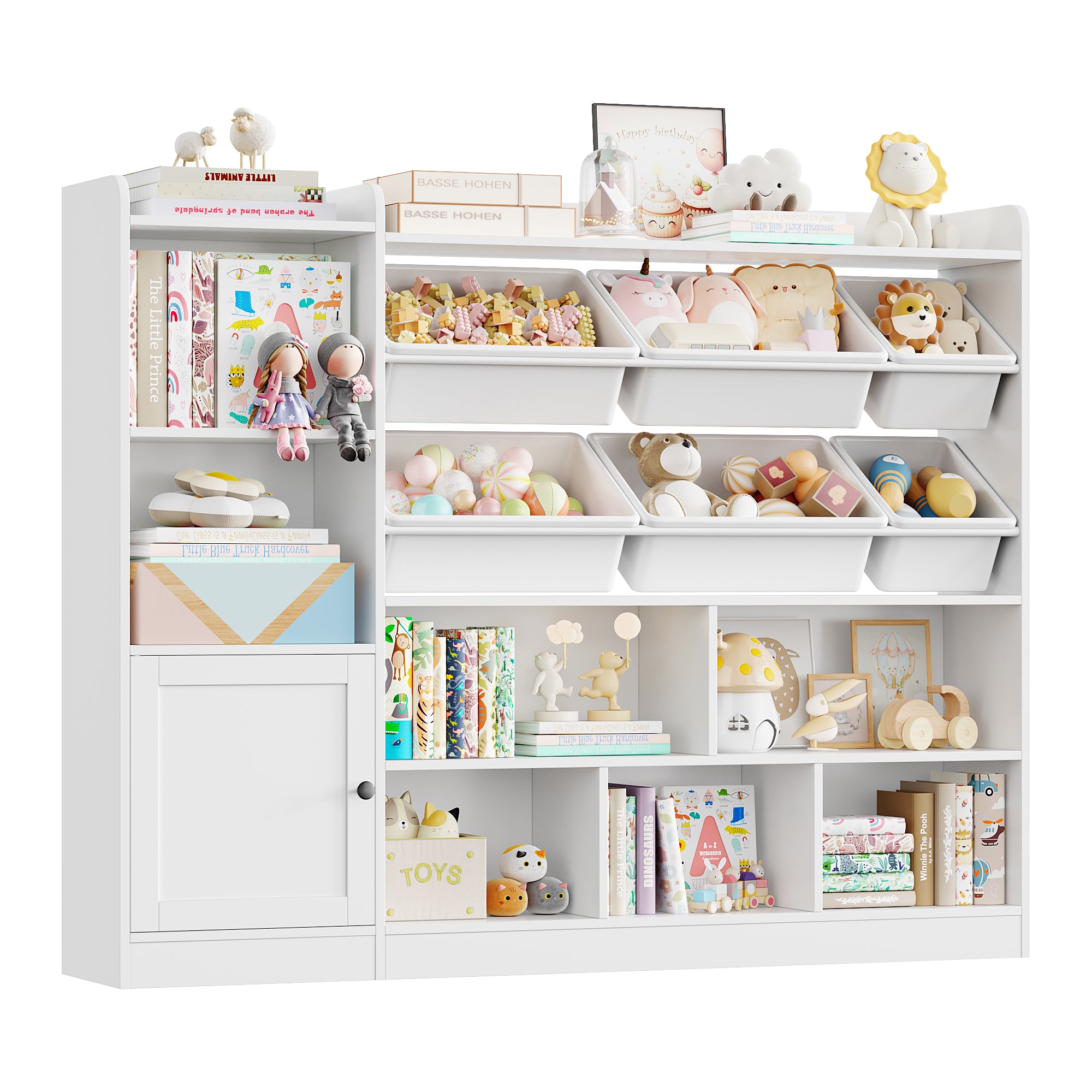 Hiphuta Kids Toy Organizer, Wood Toy Cabinet of 8 Compartments & 6 Movable Bins, White Bookshelf for Kids Bedroom