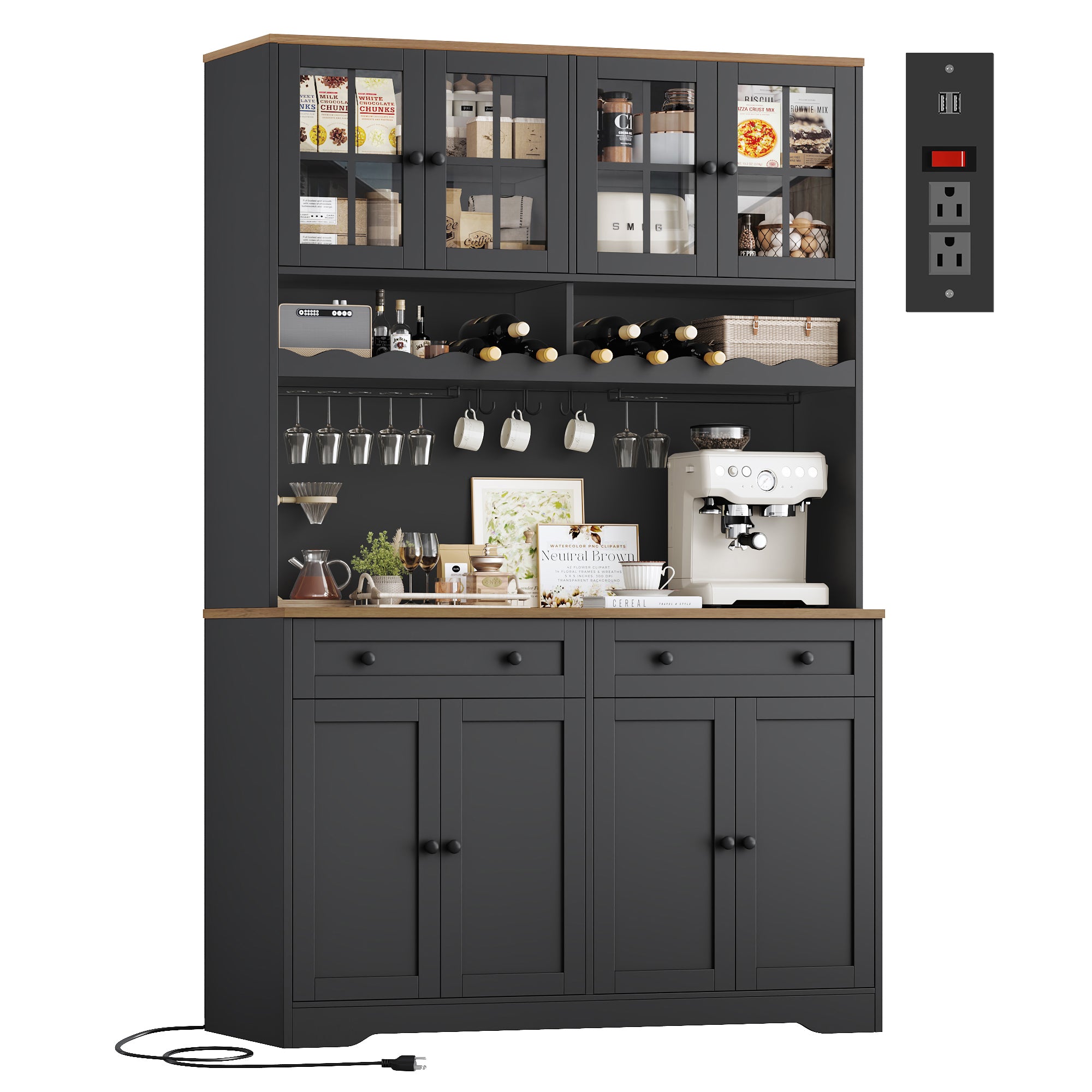 Hiphuta 75"Tall Kitchen Pantry Storage Cabinet with Power Outlet, Large Pantry Cabinet with Microwave Stand, Modern Freestanding Cupboard Hutch for Home Dinning Room, Black