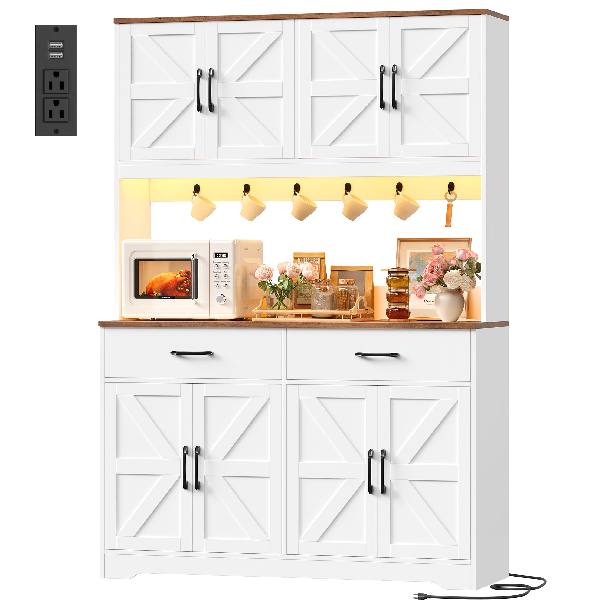 Hiphuta 71" Tall Kitchen Pantry Storage Cabinet with RGB LED and 6 Metal Hooks, Farmhouse Coffee Bar Cabinet with Charging Station, Buffet with Hutch and Microwave Stand, White