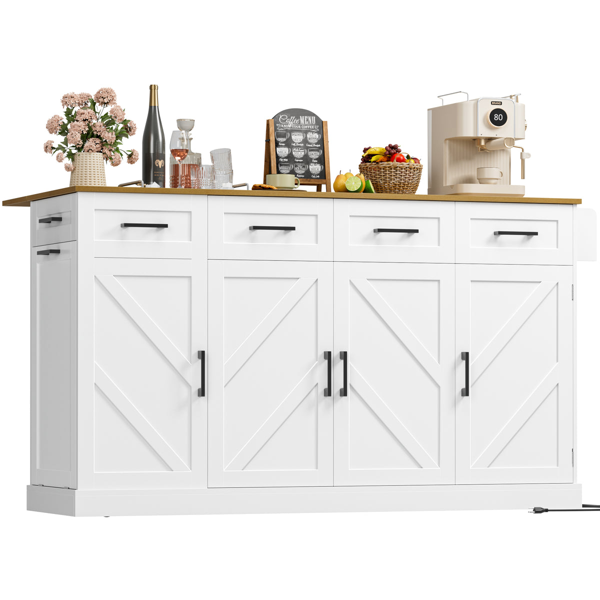 Hiphuta 55"W Kitchen Island Cart with Storage, Rolling Island Table with Trash Can, Adjustable Shelves and 4 Drawers, Movable Buffet Cabinet for Dining room, White