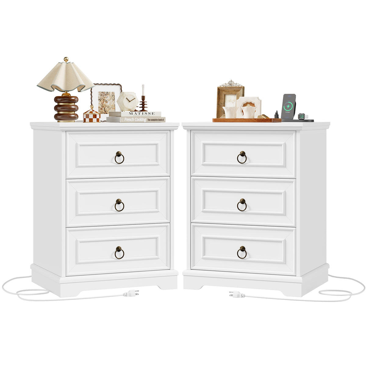 Hiphuta Set of 2 Nightstands with 3 Large Drawers, Farmhouse Sofa Tables with Charging Station, Vintage Bedside Tables for Bedroom and Living Room, White
