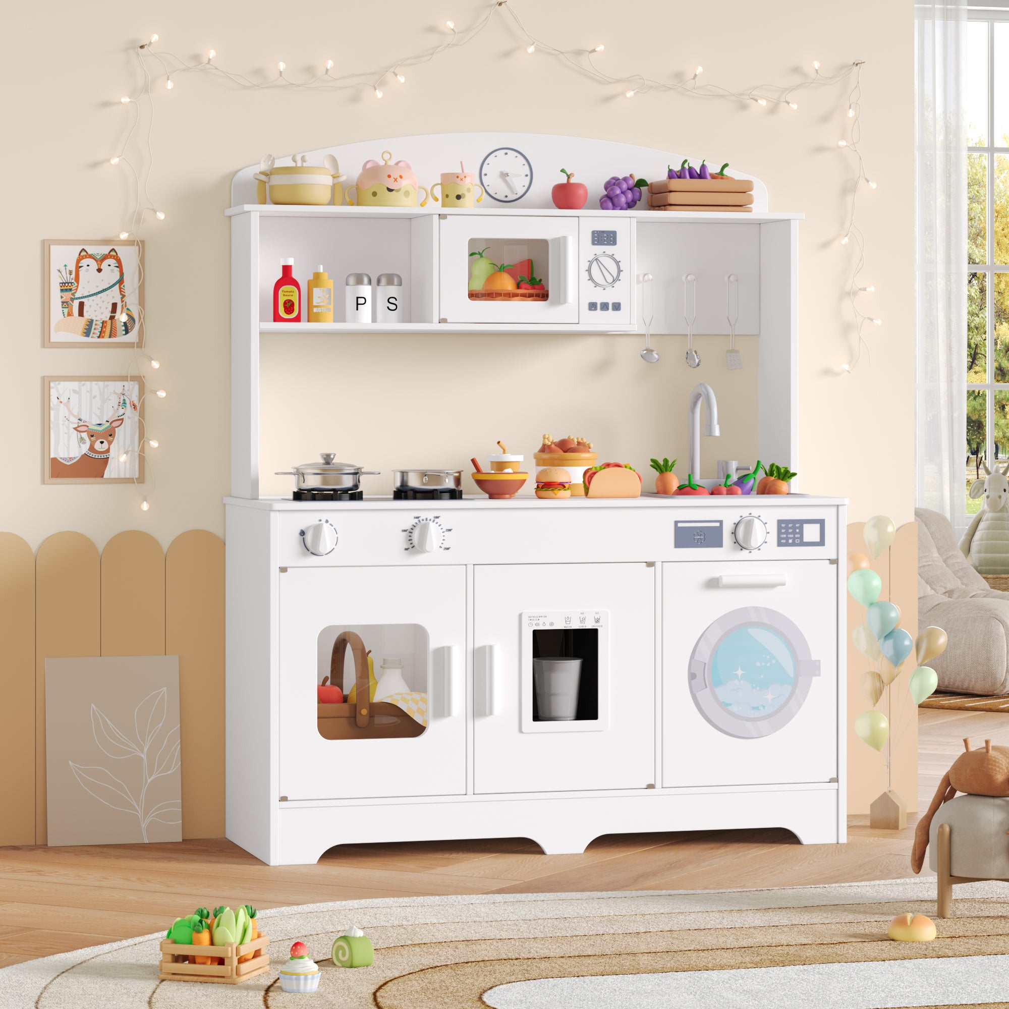 Hiphuta Play Kitchen for Kids, Wooden Kids Kitchen Playset with Plenty of Play Features, Chef Pretend Play Set for Boys and Girls Age Ages 3-10, Toys Kitchen with 11 Pcs Accessories, White