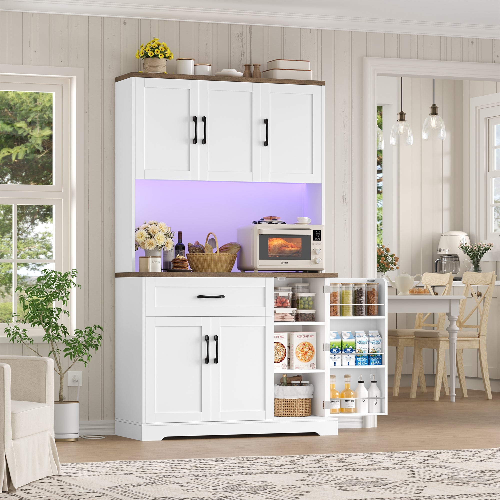 Hiphuta 71”Tall Modern Pantry Cabinet with Power Outlet & LED, Freestanding Kitchen Hutch Cabinet for Dining Room, White