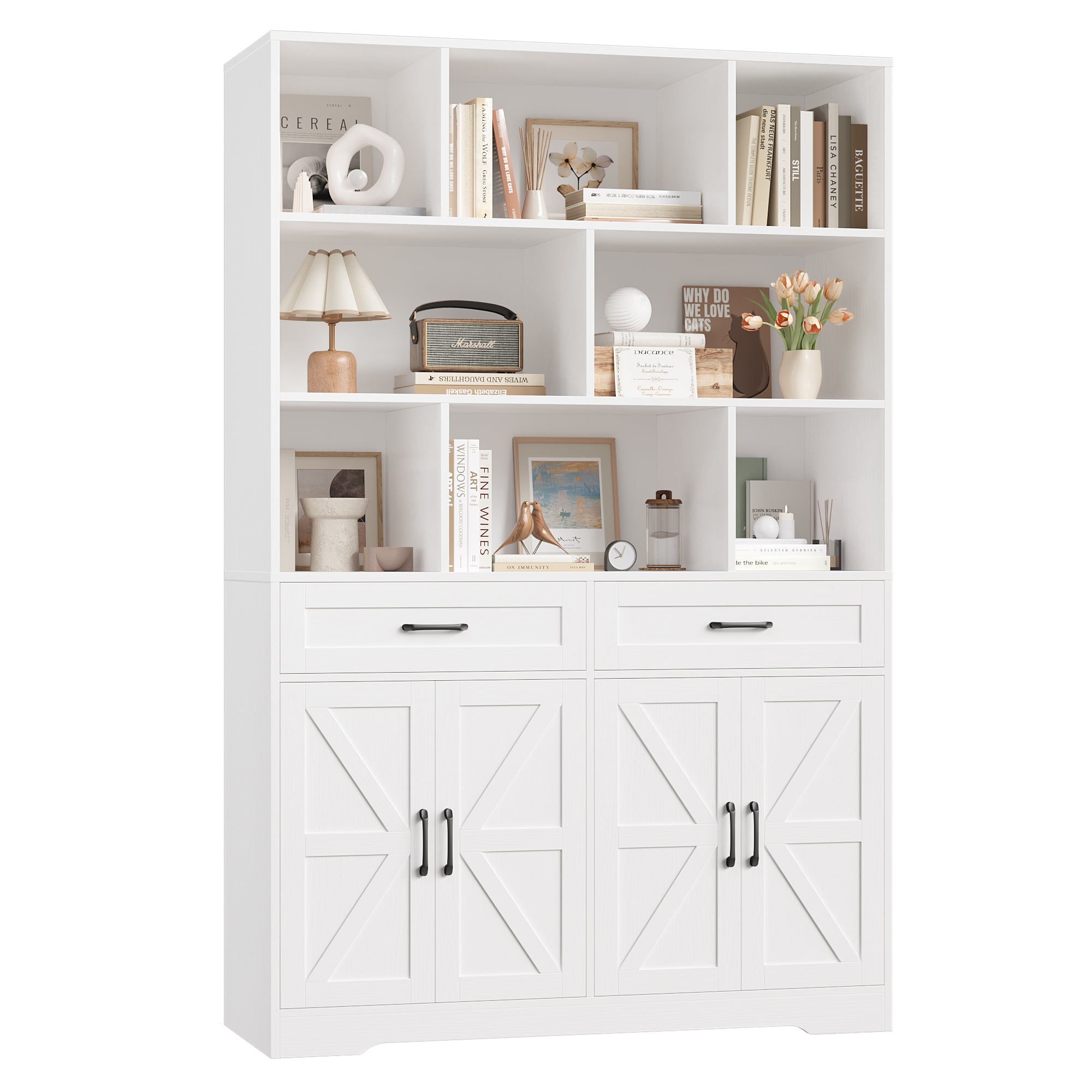 Hiphuta 6-tier Bookcase with Drawers & Doors, 71" Tall Bookcases, Wooden Storage Bookshelf for Living Room Home Office, White