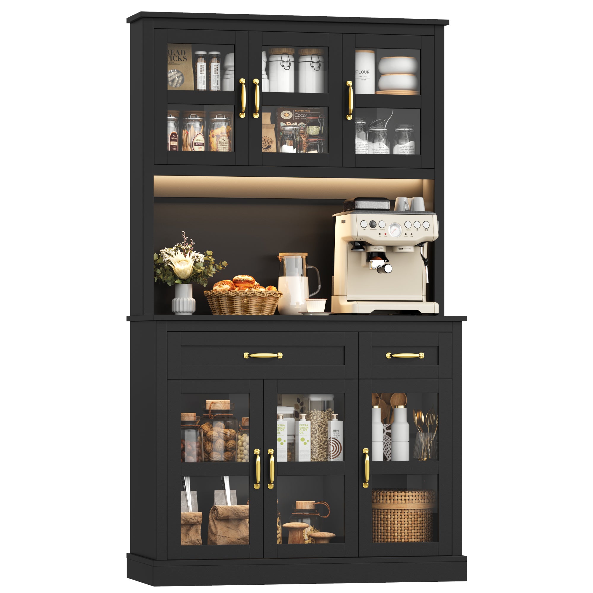 Hiphuta 71" Pantry Cabinet with Charging Station, Kitchen Pantry Storage Cabinet with Microwave Stand & Wine Rack, Food Pantry Cabinet with Countertop for Dining Room, Black