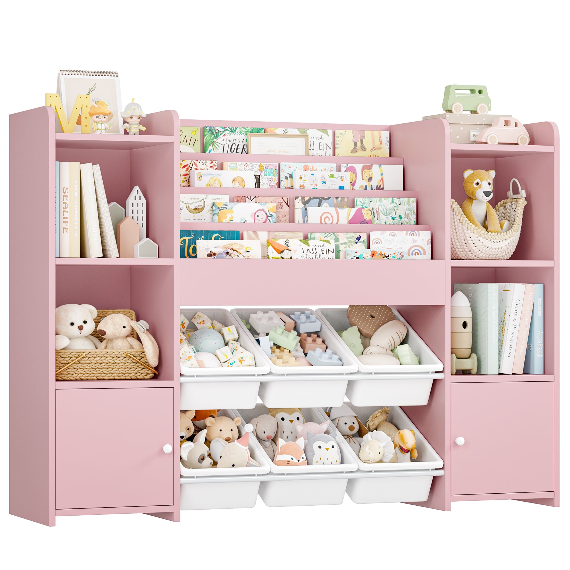 Hiphuta Kids Bookshelf with Toy Storage Organizer, Wood Bookcase Toy Organizer with 6 Removable Bins, Book Shelf for Kids Bedroom Playroom, Pink