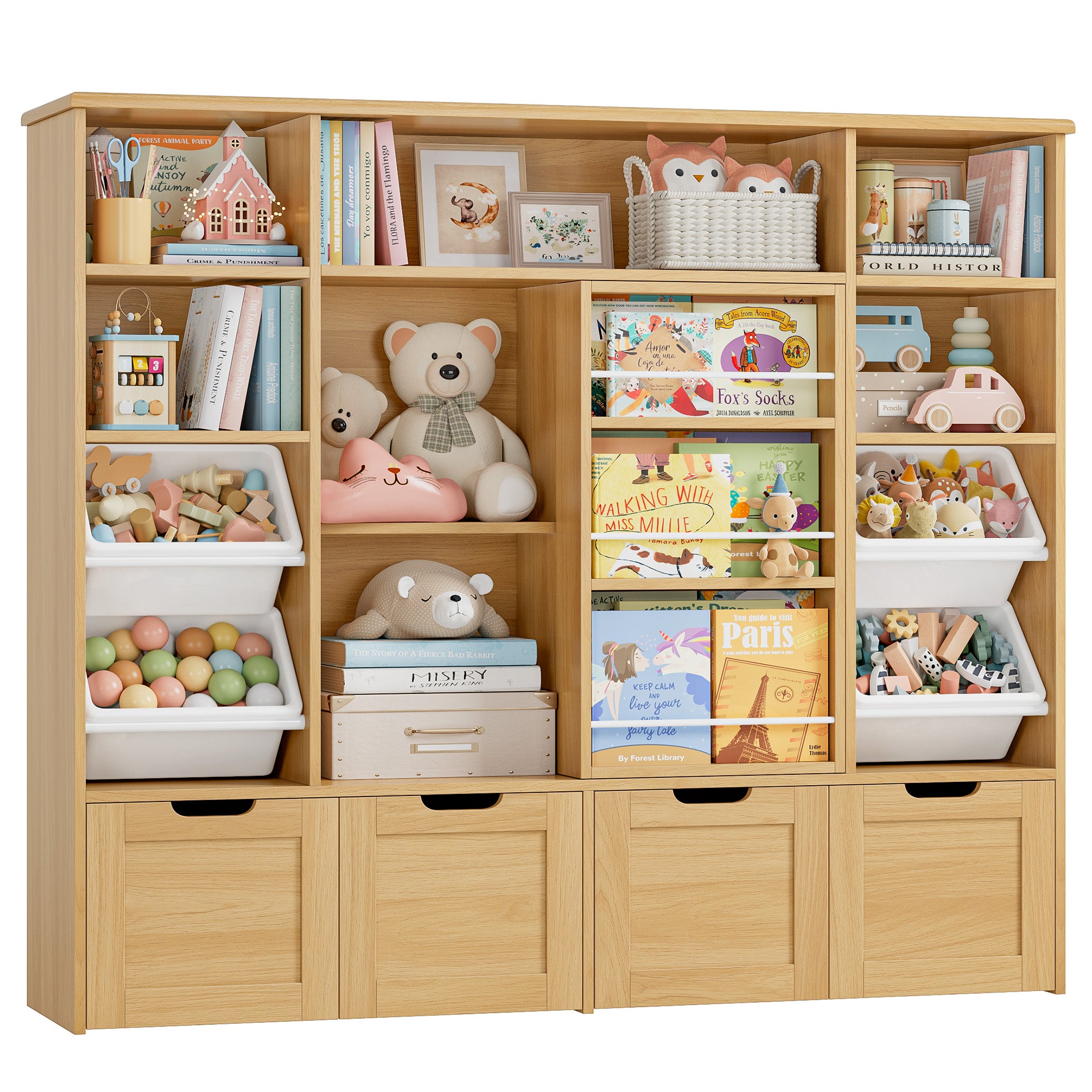 Hiphuta 55"W Kid Toy Storage Organize with Sliding Bookshelf, Kid Bookcase with 4 Removable Drawers, Toy Storage Toy Organize for Kid Bedroom Playroom, Natural