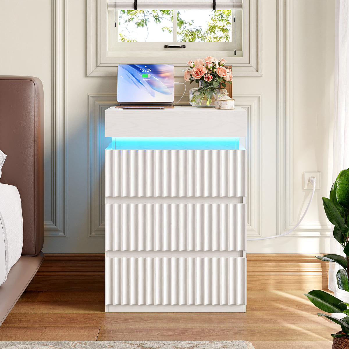 Hiphuta Set of 2 Bedside Table with Charging Station, Wood Nightstand End Table with 3 Drawers for Adult Bedroom Living Room, White