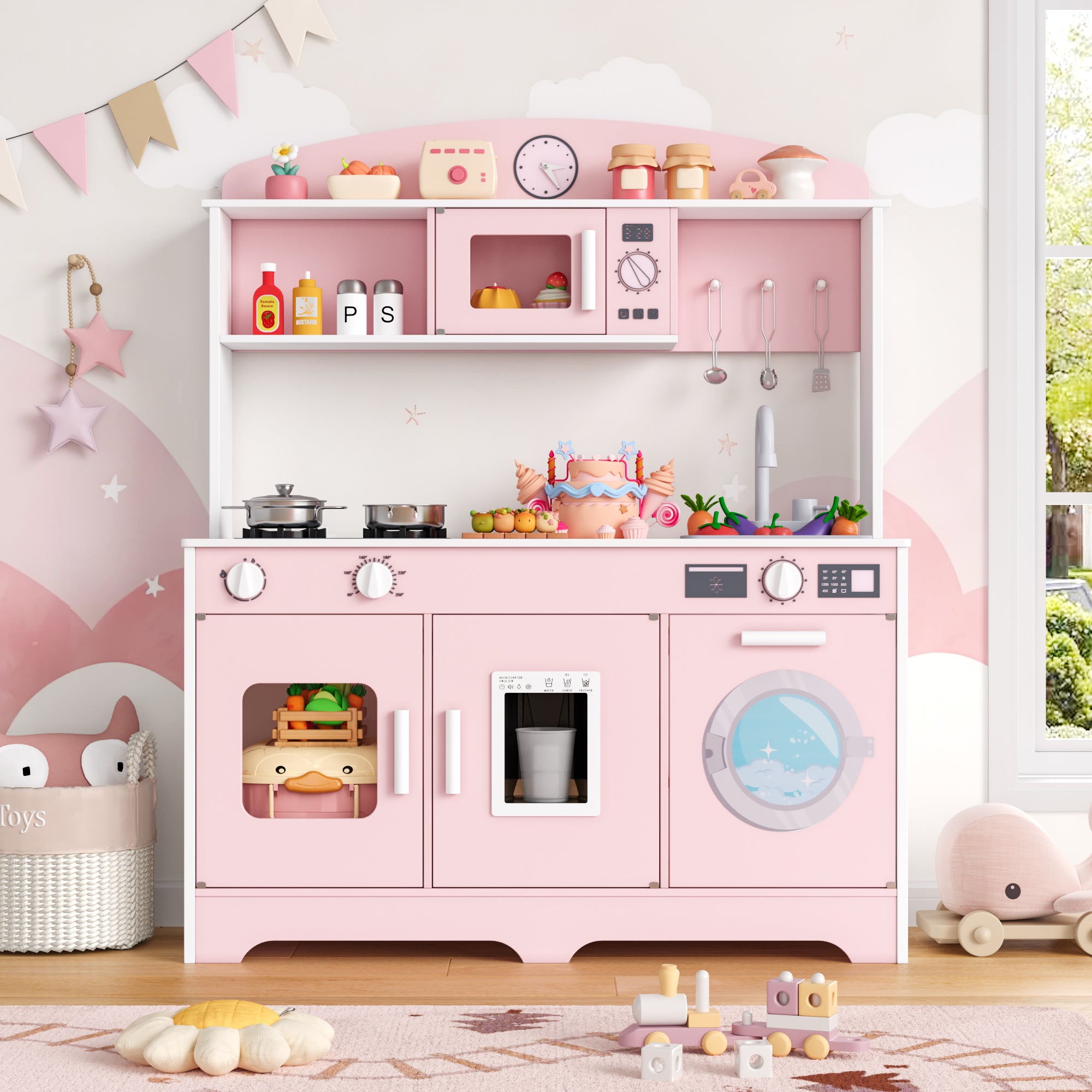 Hiphuta Play Kitchen for Kids, Wooden Kids Kitchen Playset with Plenty of Play Features, Chef Pretend Play Set for Boys and Girls Age Ages 3-10, Toys Kitchen with 11 Pcs Accessories, Pink