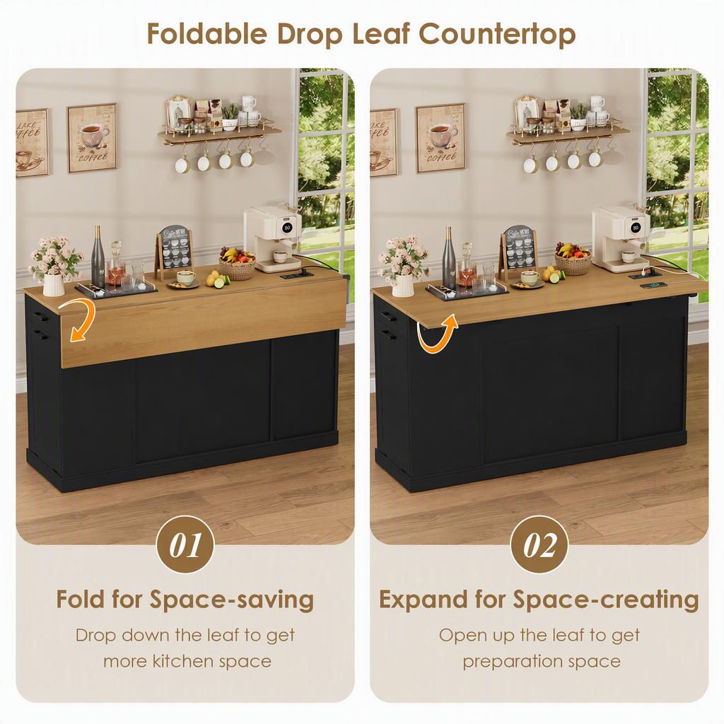 Hiphuta 55"W Kitchen Island Cart with Storage, Rolling Island Table with Trash Can, Adjustable Shelves and 4 Drawers, Movable Buffet Cabinet for Dining room, Black