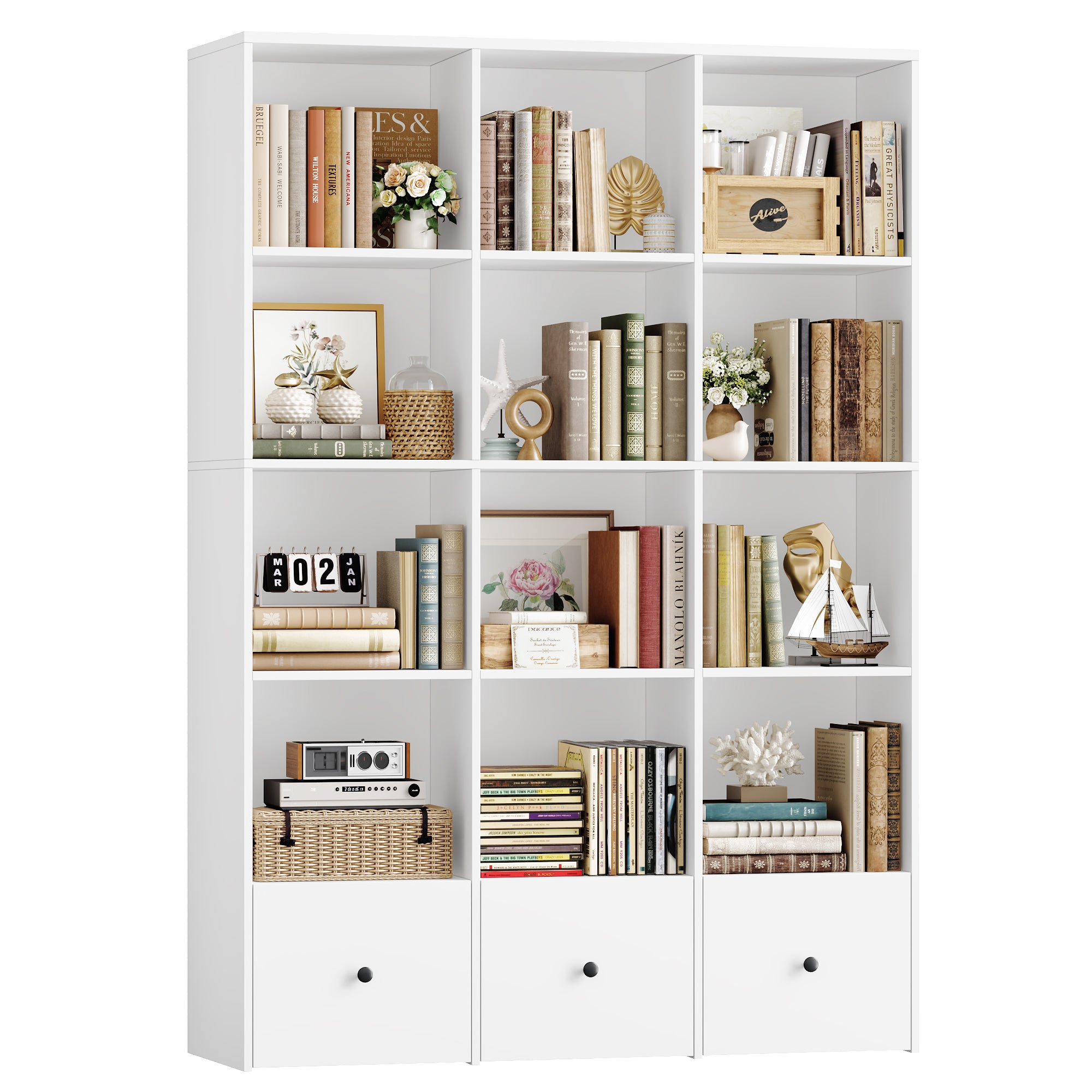 Hiphuta Triple Row 4-Tier Bookcase with 12 Cubes, 69" Tall Large Bookcase with 3 Drawers, for Office Living Room, White