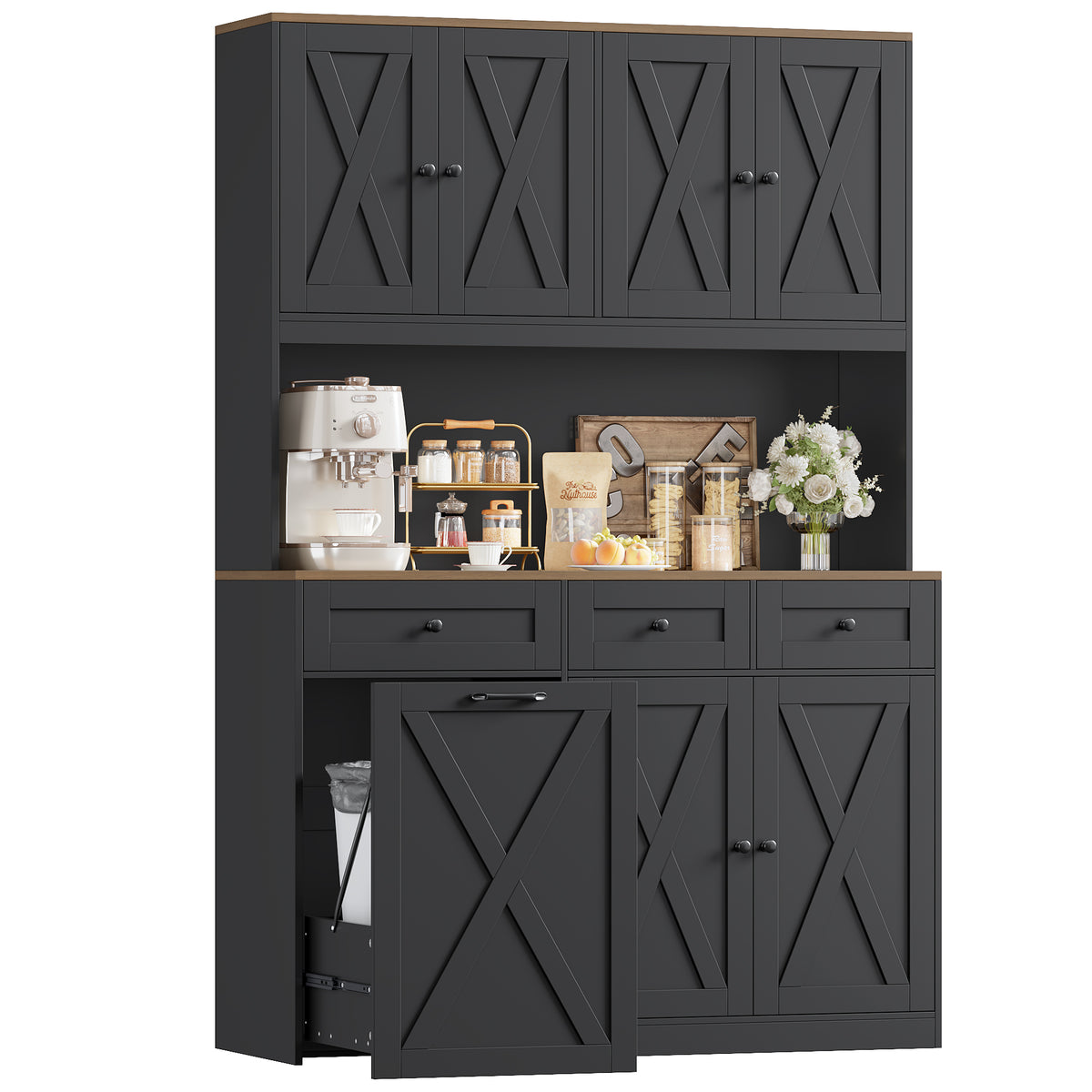 Hiphuta 73” Tall Kitchen Pantry Cabinet Fits 13 Gallon Trash Can Cabinet, Farmhouse Kitchen Storage Hutch with Pull Out Trash Can Storage for Dining Room Living Room, Black
