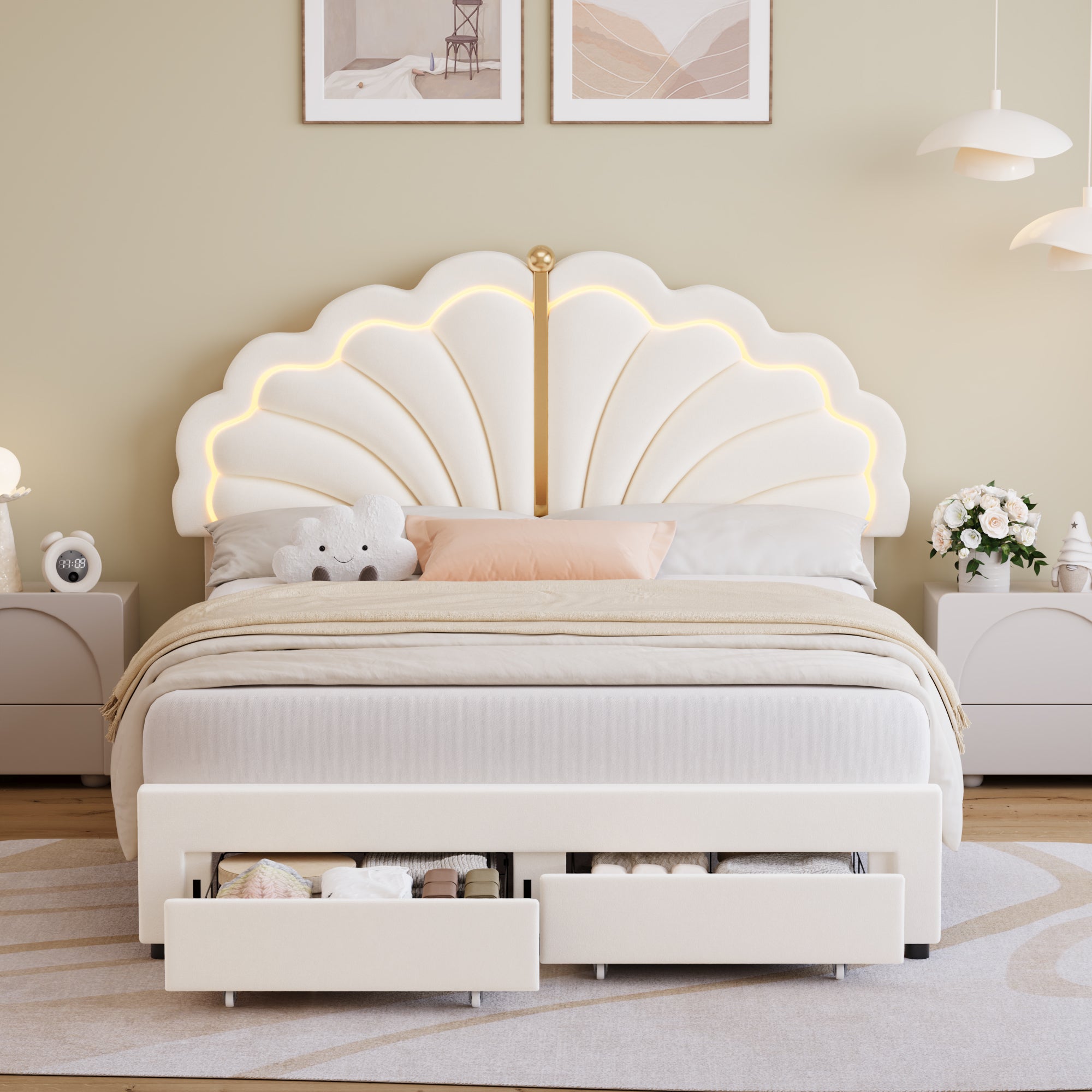 Hiphuta Kids LED Queen Bed with 2 Drawers, LED Lights Platform Bed Frame with Upholstered Tufted Headboard, No Box Spring Needed, Velvet White