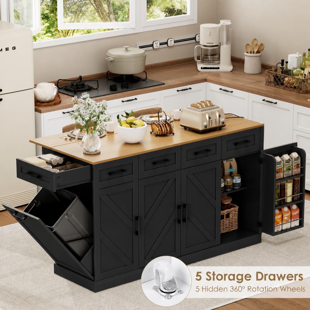 Hiphuta 55"W Kitchen Island Cart with Storage, Rolling Island Table with Trash Can, Adjustable Shelves and 4 Drawers, Movable Buffet Cabinet for Dining room, Black