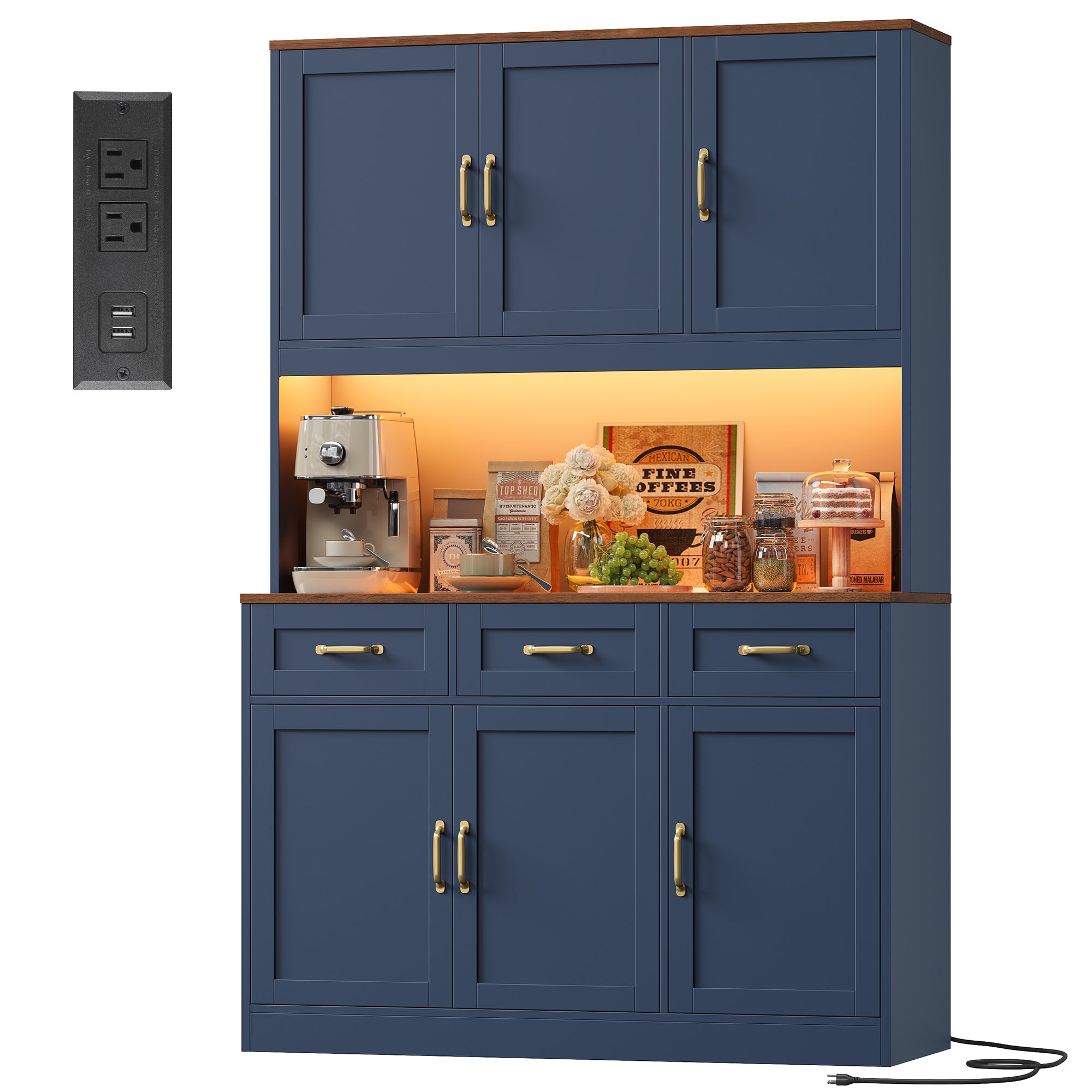 Hiphuta 72" Tall Kitchen Pantry Storgae Cabinet with RGB LED, Hutch Cabinet with Charging Station and Adjustable Shelves for Dining Room, Blue