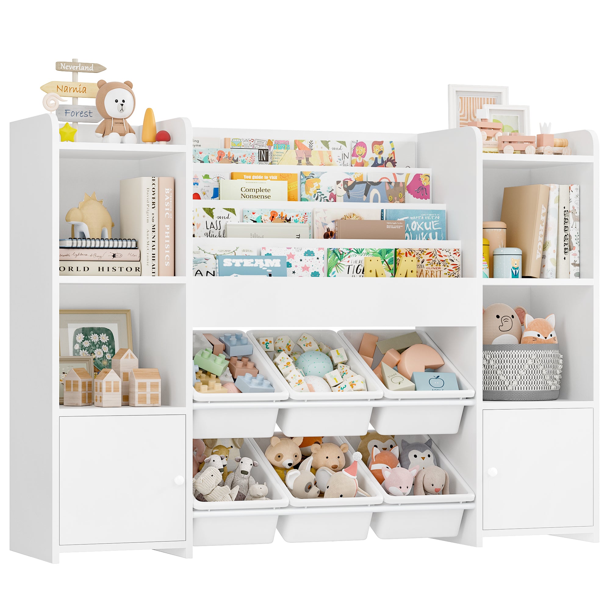 Hiphuta Kids Bookshelf with Toy Storage Organizer, Wood Bookcase Toy Organizer with 6 Removable Bins, Book Shelf for Kids Bedroom Playroom, White