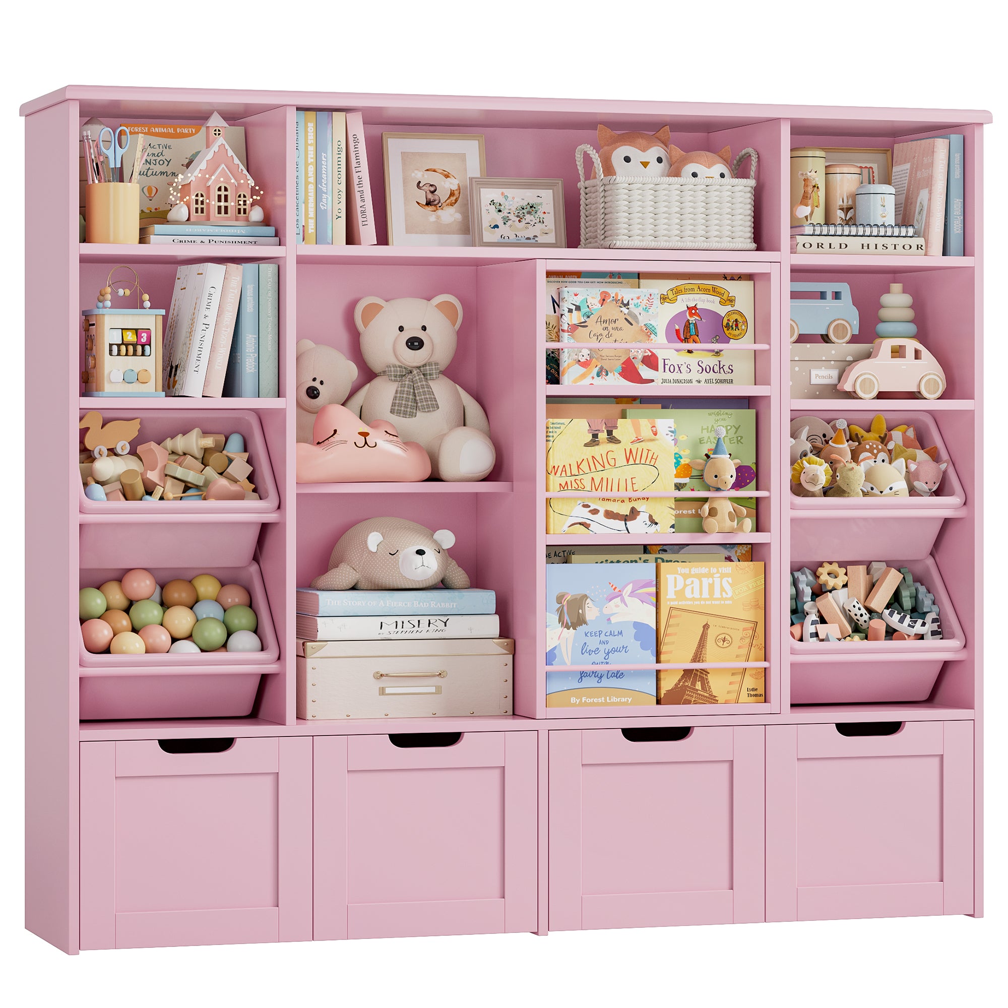 Hiphuta 55"W Kid Toy Storage Organize with Sliding Bookshelf, Kid Bookcase with 4 Removable Drawers, Toy Storage Toy Organize for Kid Bedroom Playroom, Pink