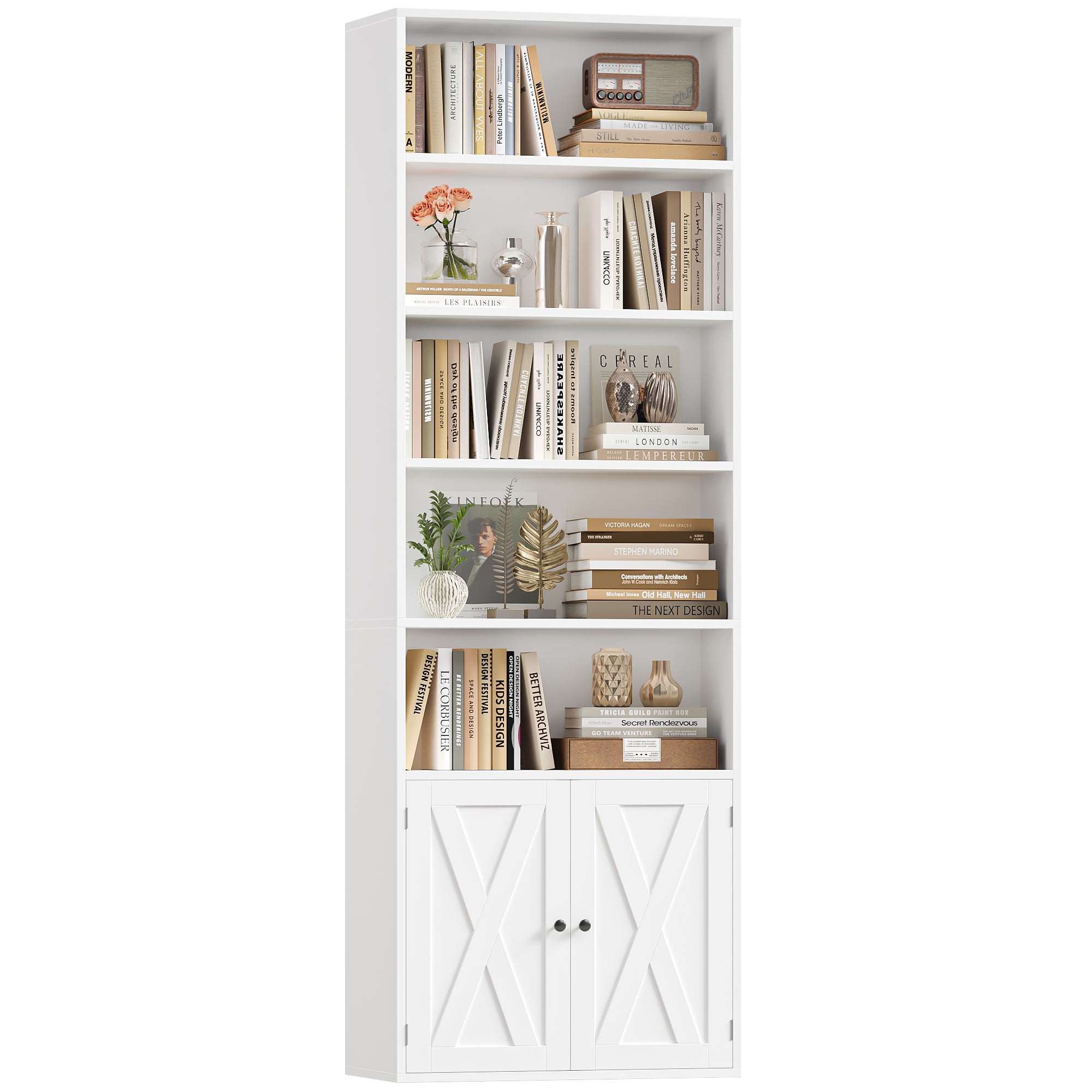 Hiphuta Dispaly Bookcase with 4 Shelves for Living Room, Wood Bookshelf with Storage, White Gold