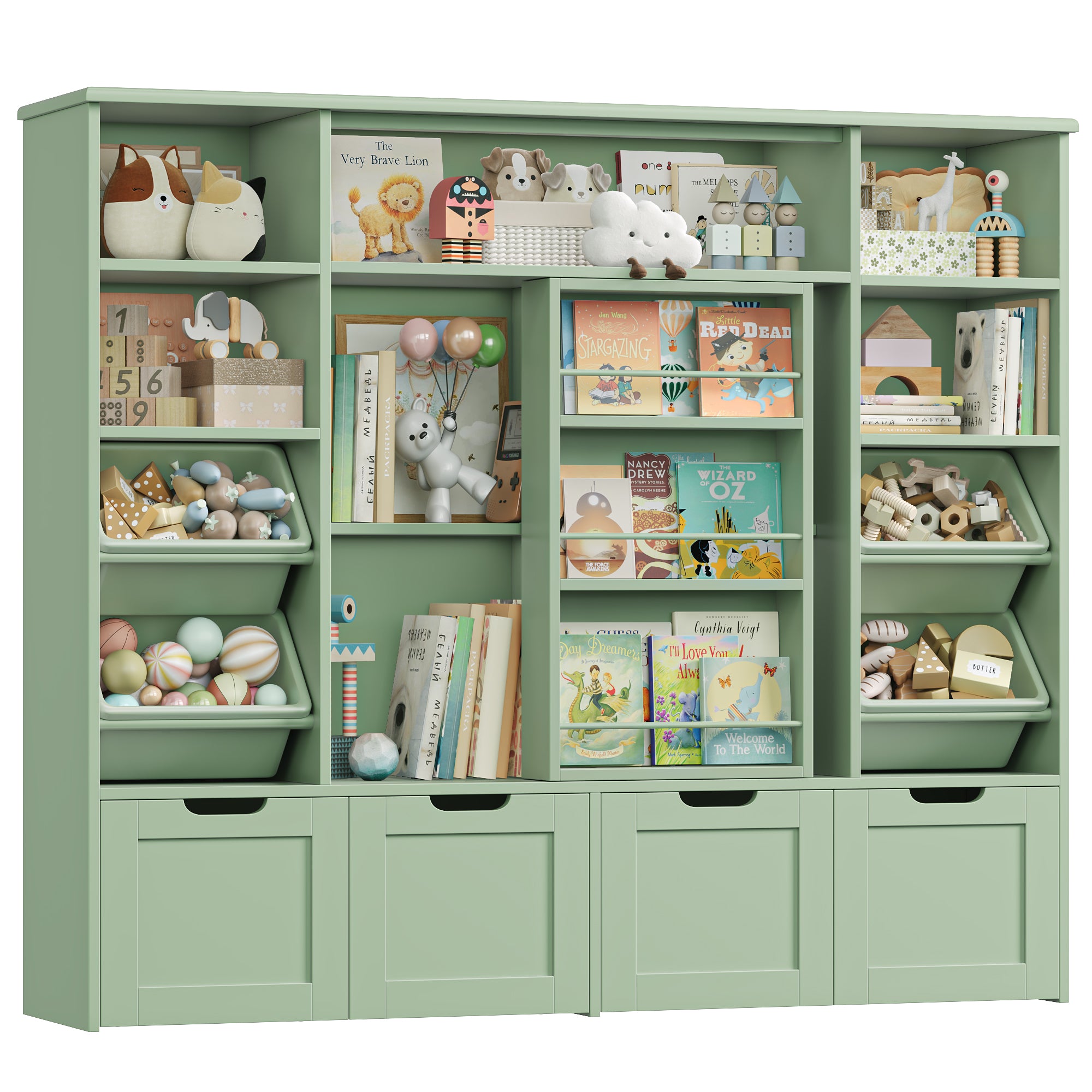 Hiphuta Kid Toy Storage with Bookshelf, Kid Toy Organizer with 4 Removable Drawers, Kid Bookcases with Toy Box for Kid Bedroom Playroom, Green
