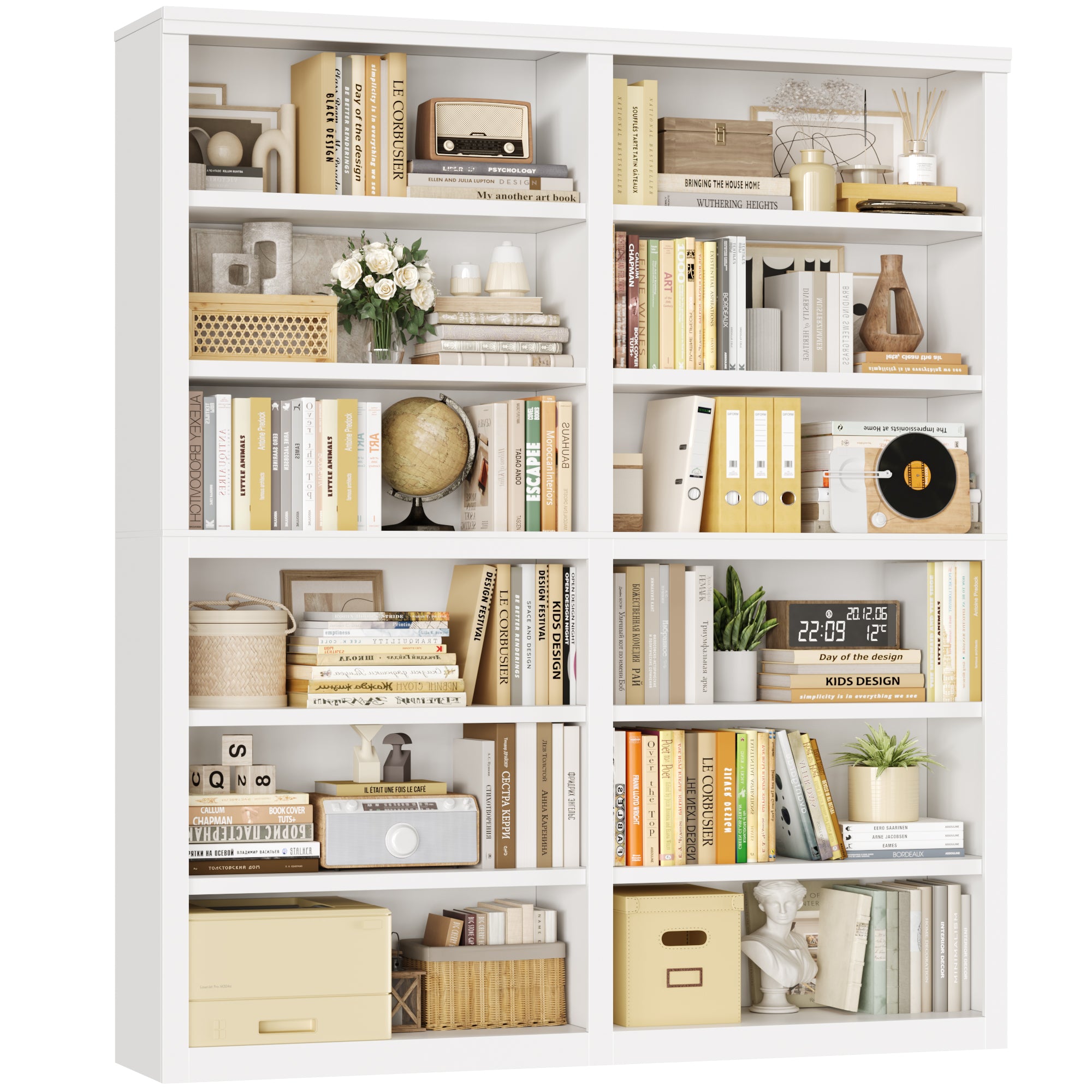 Hiphuta 63"W Extra Large and Sturdy Bookcase, Double Wide 6-Tier Bookshelf, Tall Bookcase for Home Office and Living Room, Wooden Freestanding Display Shelf, White