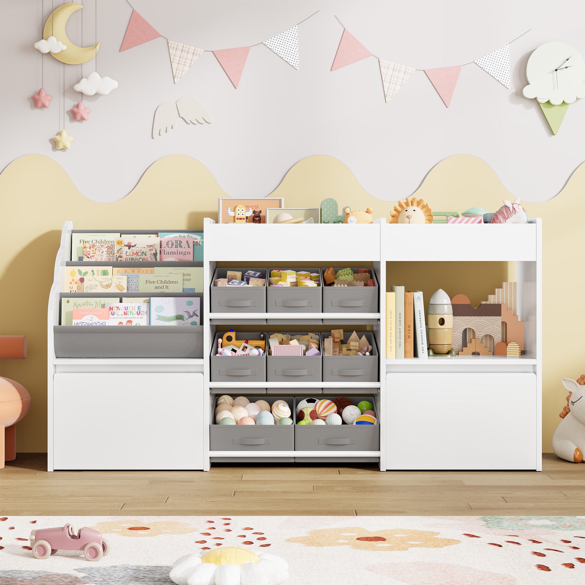 Hiphuta 62” Wide Kids Bookcase with Toy Storage Organizer, Wood Toy Organizer of 8 Fabric Boxes & 2 Removable Drawers, White