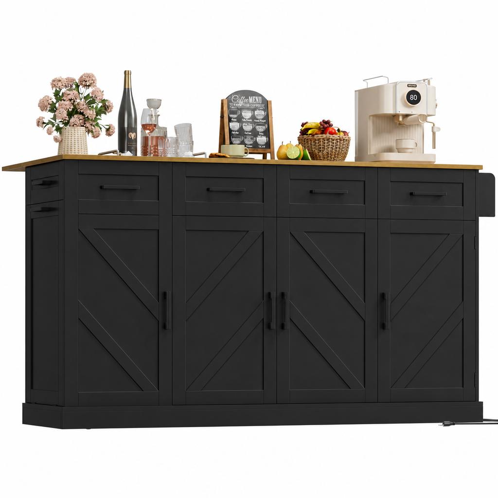 Hiphuta 55"W Kitchen Island Cart with Storage, Rolling Island Table with Trash Can, Adjustable Shelves and 4 Drawers, Movable Buffet Cabinet for Dining room, Black