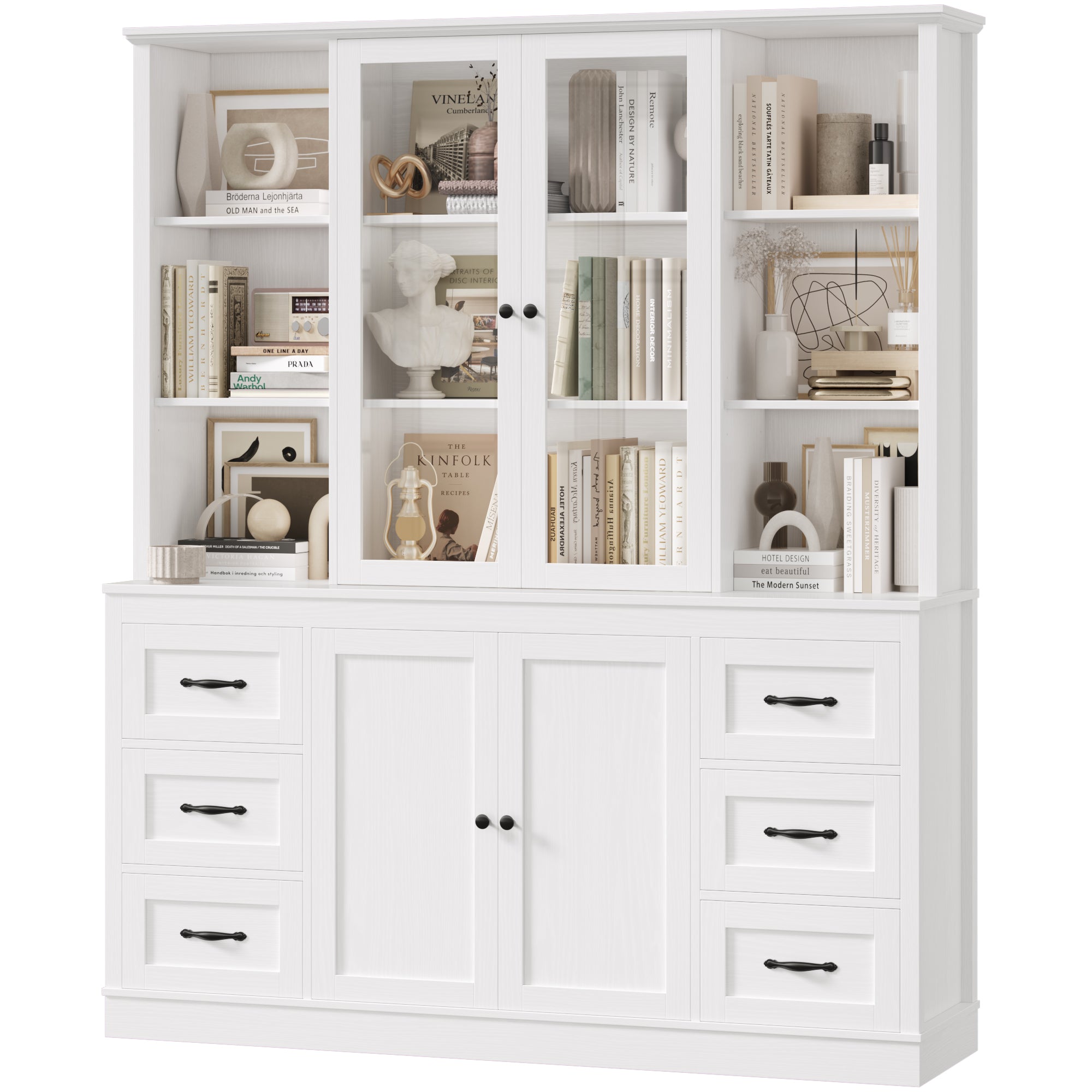 Hiphuta 74 in Tall Bookcase with 6 Drawers, Large Bookcase with Glass Door and Adjustable Shelves, Farmhouse Bookcase for Office Living Room, White