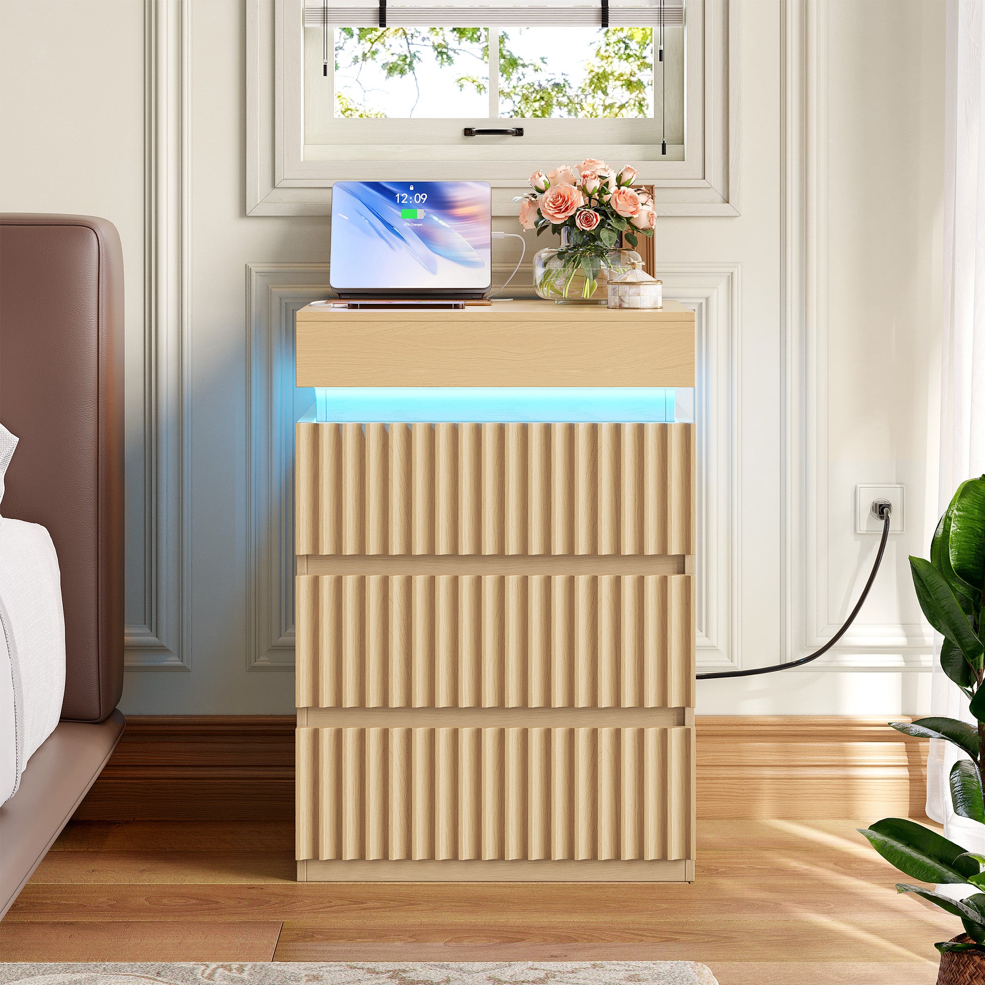 Hiphuta Set of 2 Nightstands with Charging Station, Wood End Table with 3 Drawers for Adult Bedroom Living Room, Oak