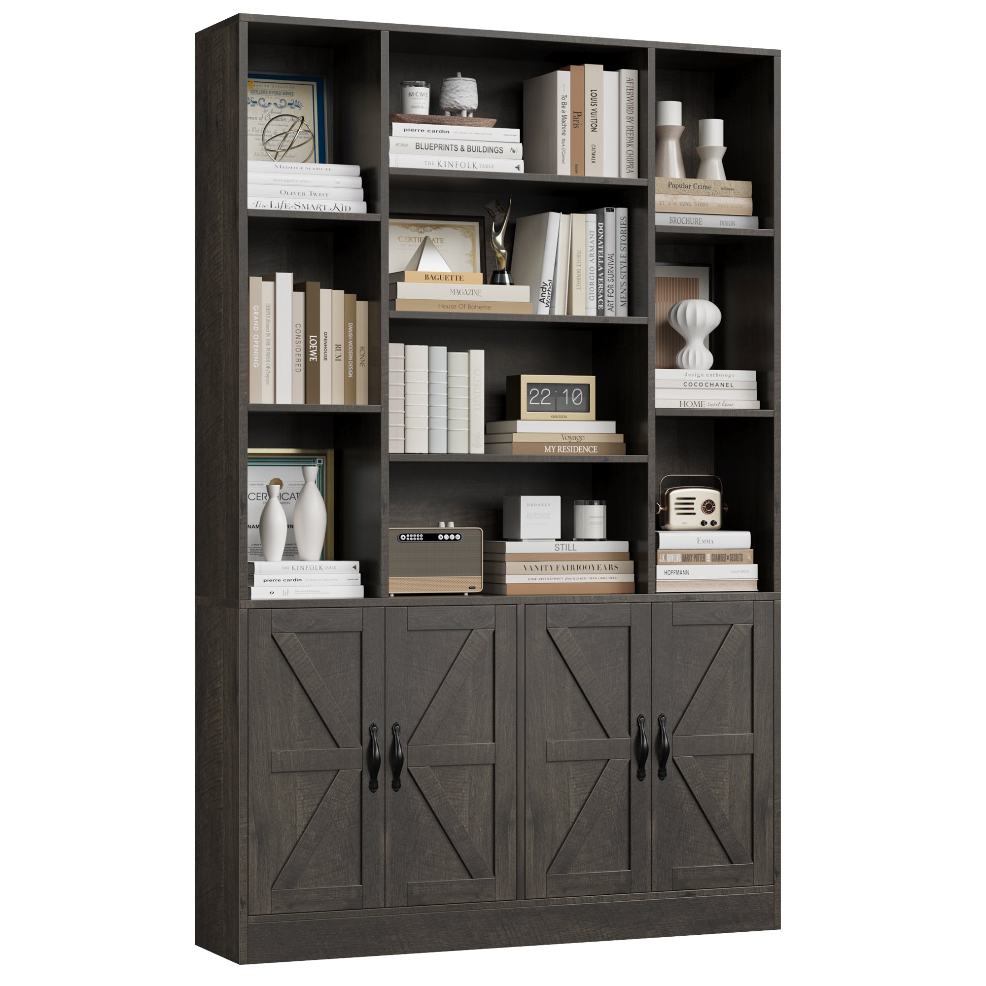 Hiphuta 74.8" Tall Bookcases with 2 Double Door Cabinet, Wooden Storage Bookshelf for Living Room Home Office, Dark Brown