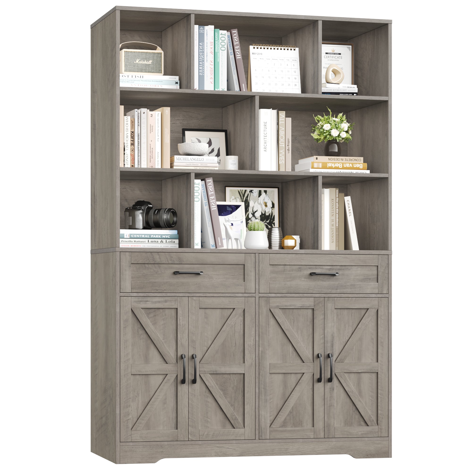 Hiphuta 6-tier Bookcase with Drawers & Doors, 71" Tall Bookcases, Wooden Storage Bookshelf for Living Room Home Office, Ash Gray