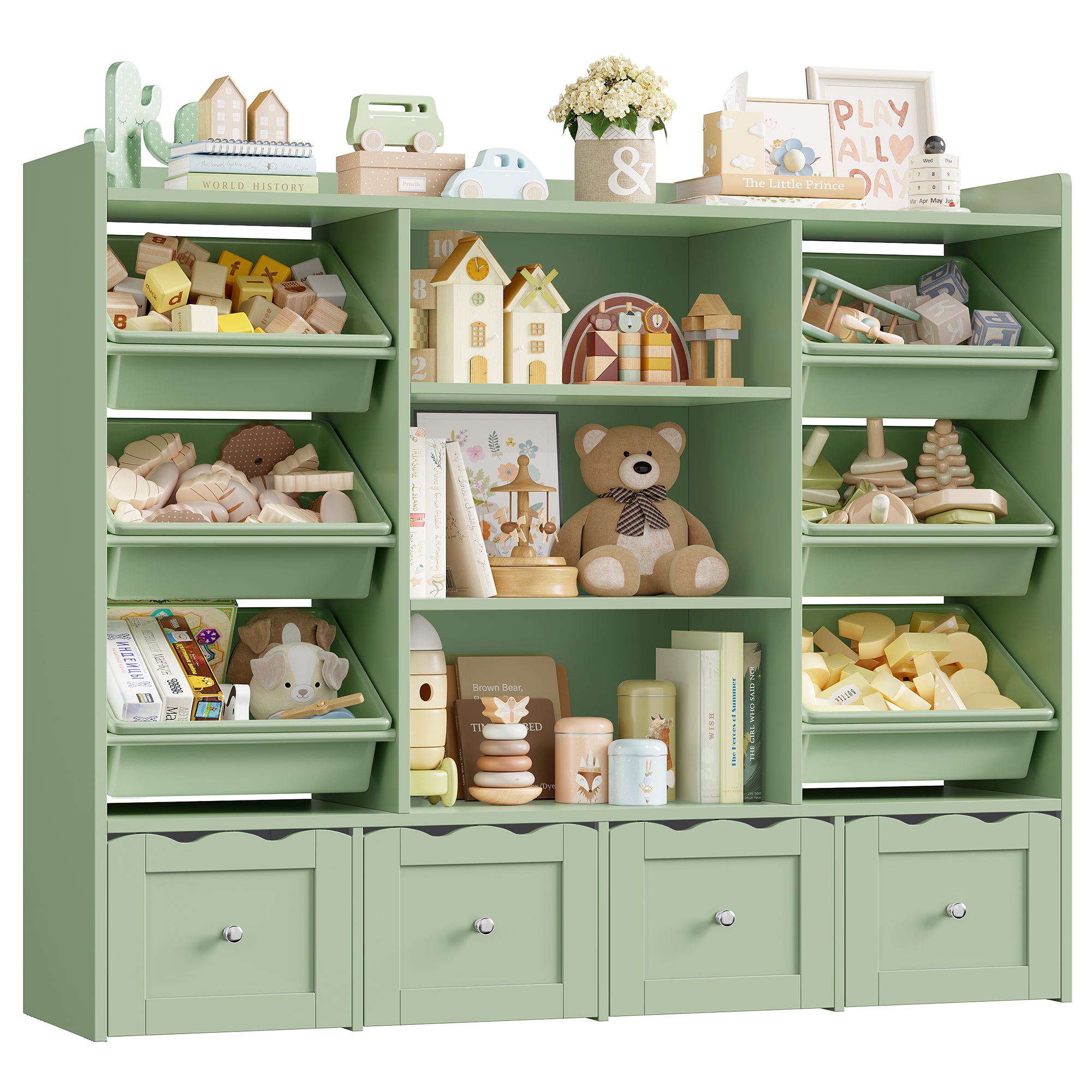 Hiphuta 55" Wide Toy Storage Organizer with 4 Removable Drawers, 4-Tier Kid Bookcase with 6 Bins, Toy Organizer with Bookcase for Kid Bedroom Playroom, Green