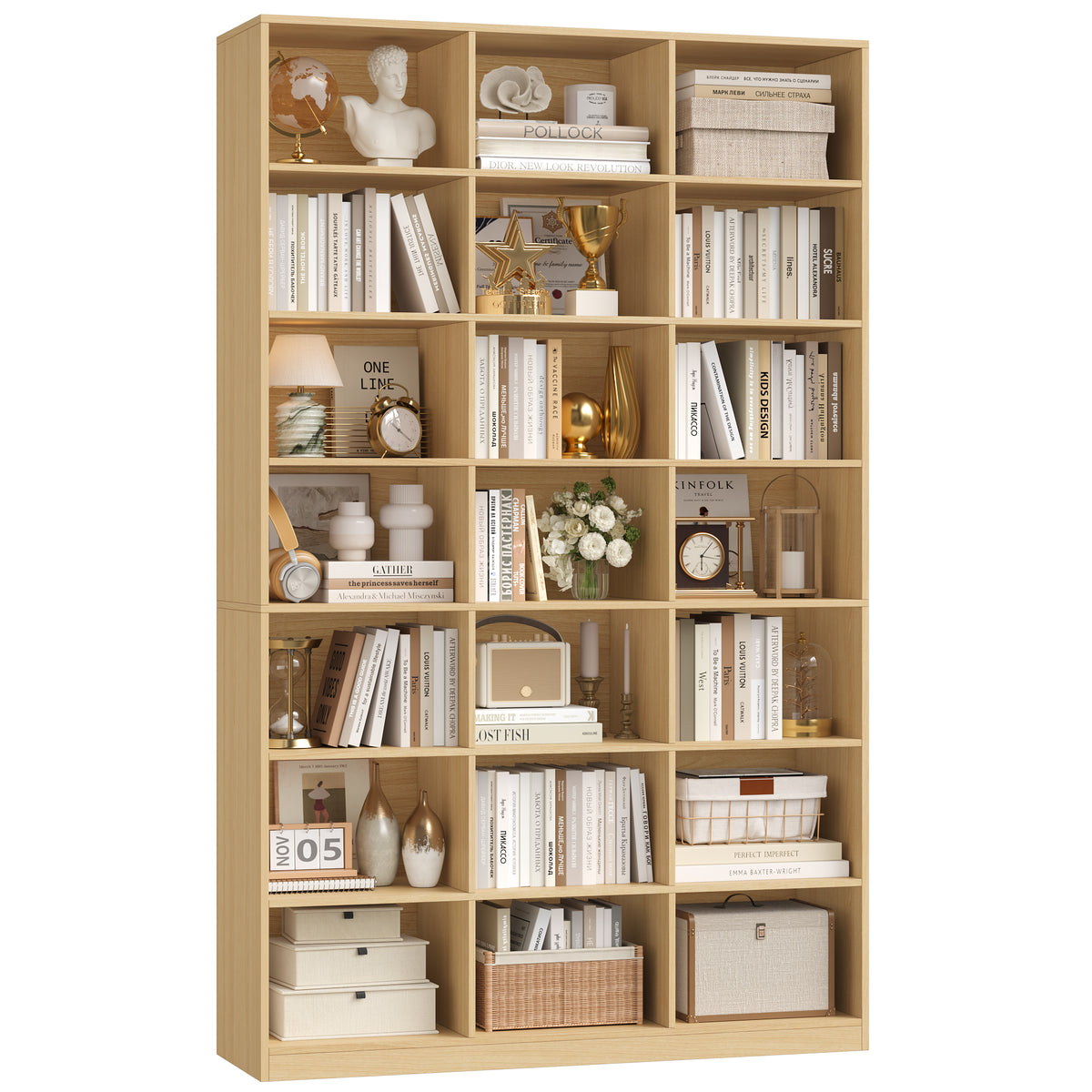 Hiphuta 86"H x 47"W Wood Triple 7-Tier Standard Bookcase, Tall Bookcase for Bedroom, Living Room and Office, Freestanding 21 Cubes Display Storage Shelves, Natural