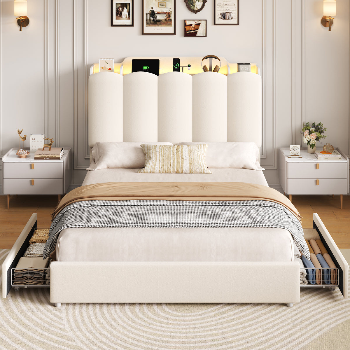 Hiphuta Queen Size Bed Frame with Storage Headboard and Side Storage Shelves, Upholstered LED Platform Bed with 2 Drawers and Charging Station, White