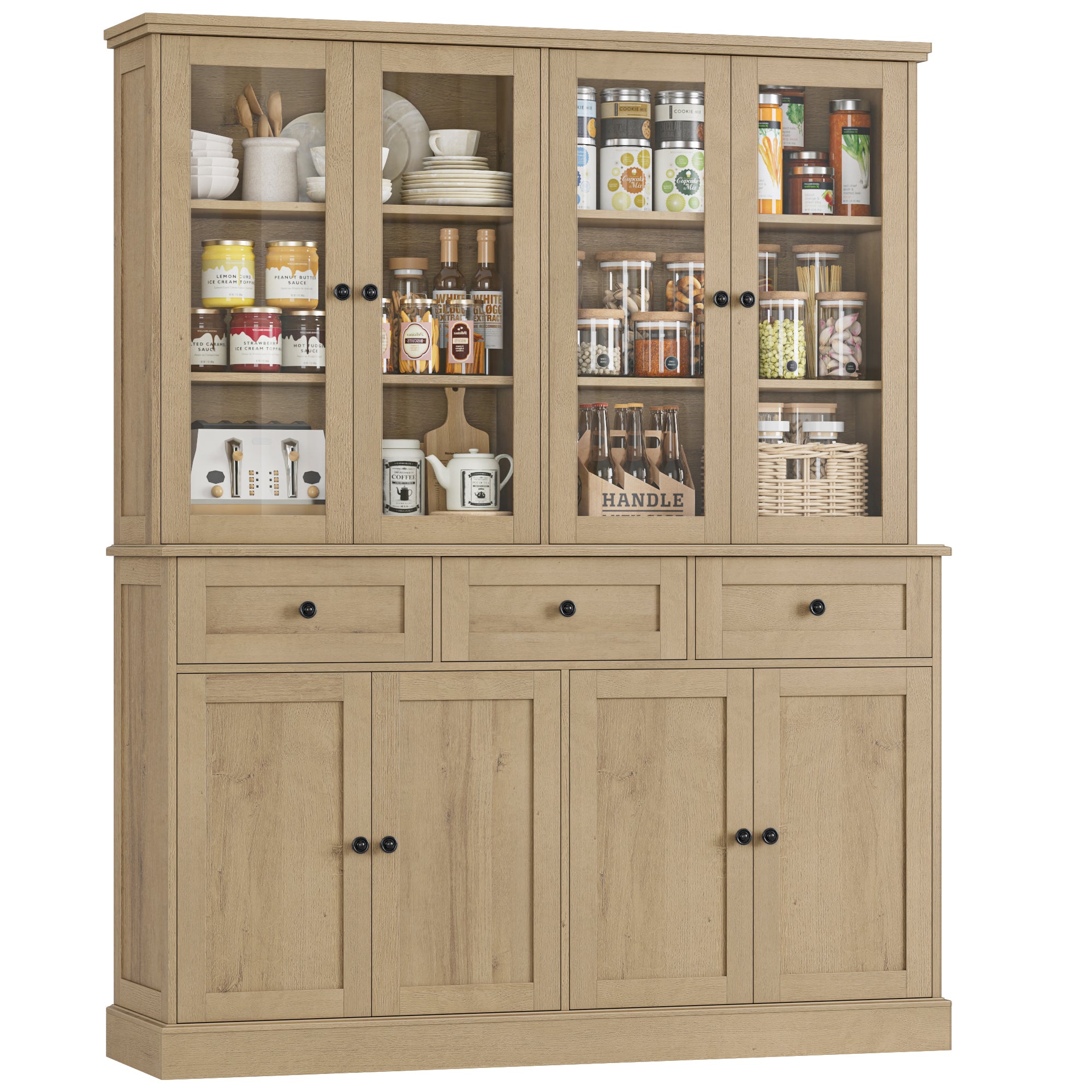 Hiphuta 58"in Extened Wide Farmhouse Kitchen Pantry Storage Cabinet, 71"H Freestanding Hutch with 8 Doors and 3 Drawers for Kitchen, Oak