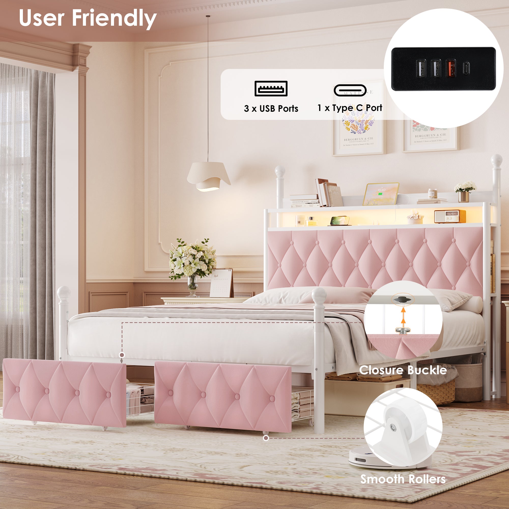 Hiphuta Full Size Upholstered Canopy Bed with Charging Station & Storage Drawer, Metal Platform Bed with Button Tufted Headboard, Full Bed for Kids, Curtain Not Included, Pink