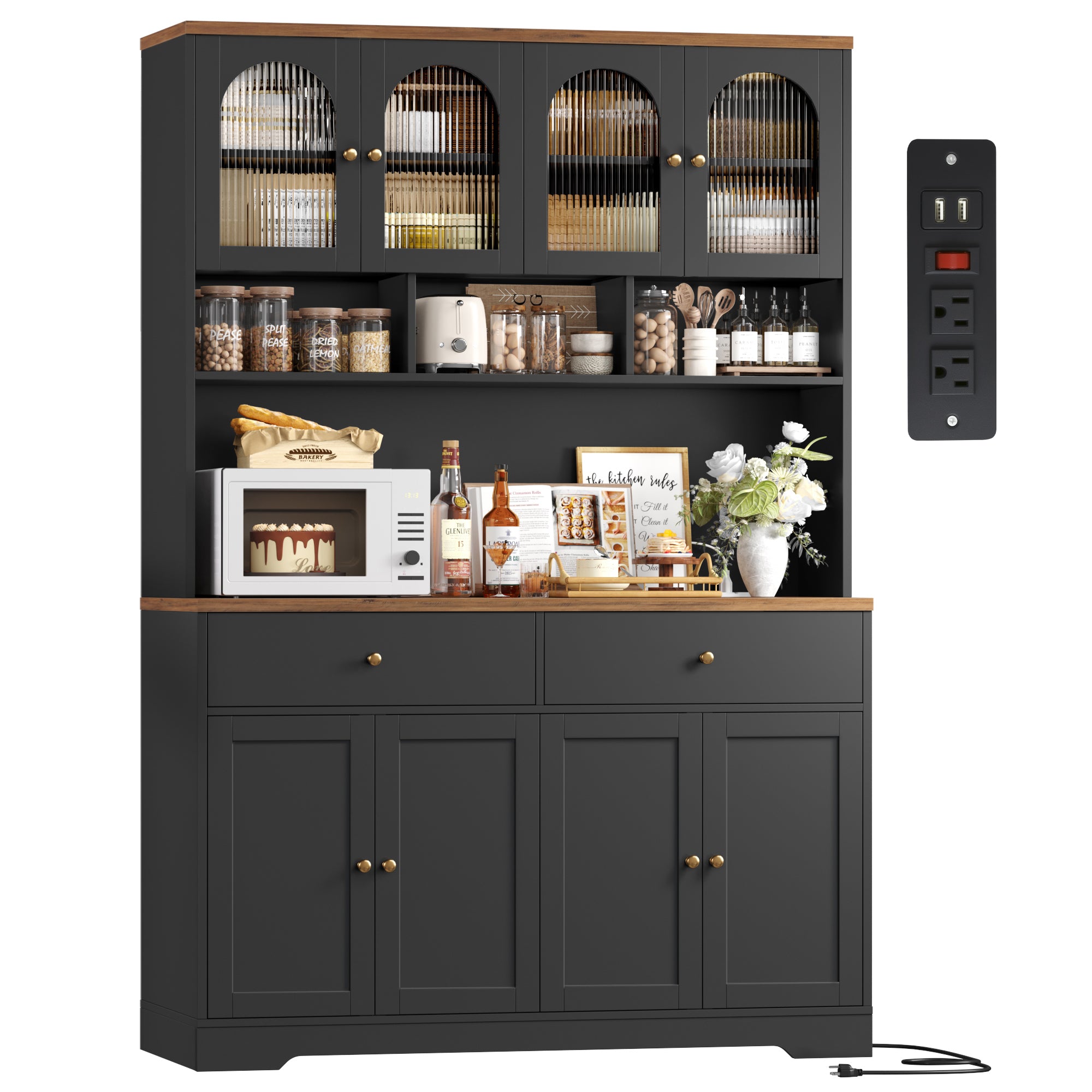 Hiphuta 71" Tall Pantry Cabinet with Arched Glass Doors, 47" Wide Kitchen Storage Cabinet with Microwave Stand & Charging Station, Hutch Cupboard for Kitchen Dining Room, Black