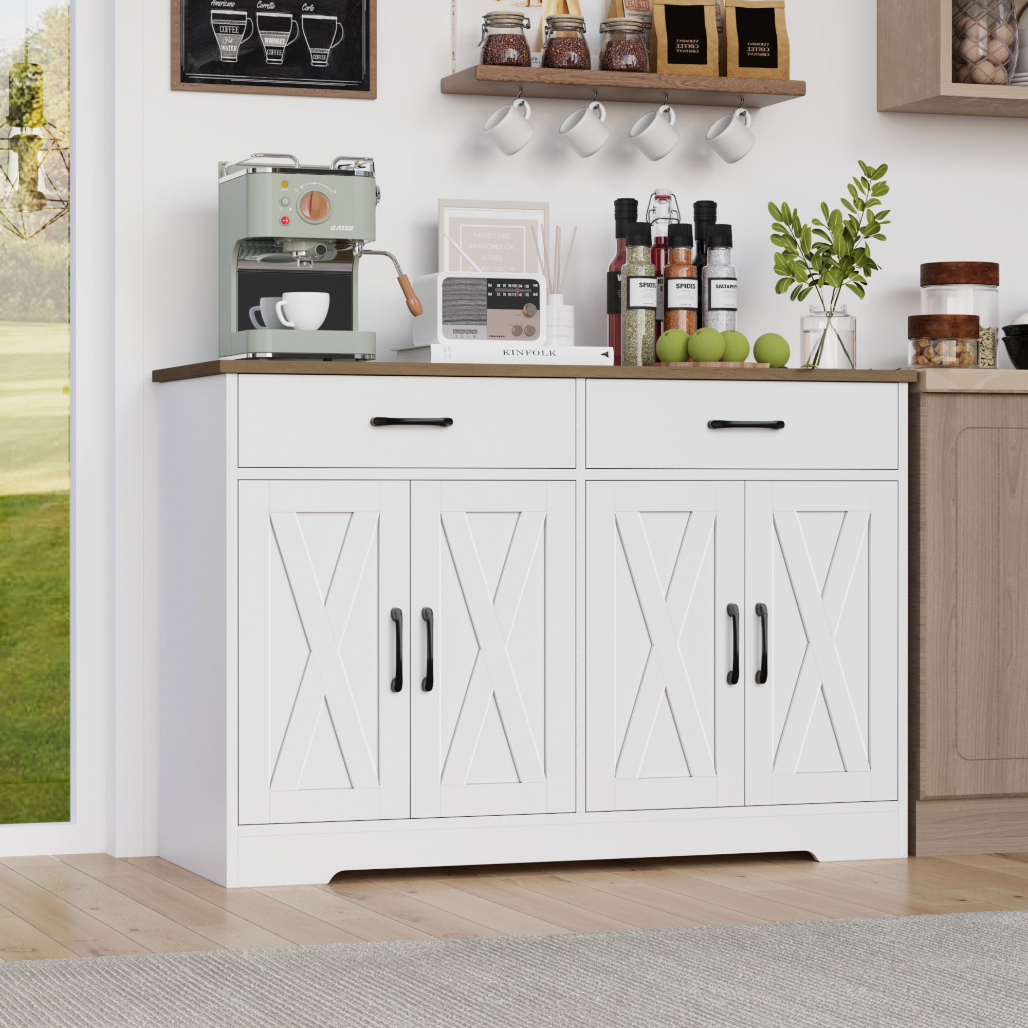 Hiphuta 47" Farmhouse Sideboard Storage Cabinets with 4 Doors & 2 Drawers, Cabinet with Brown Top for Living Room, White